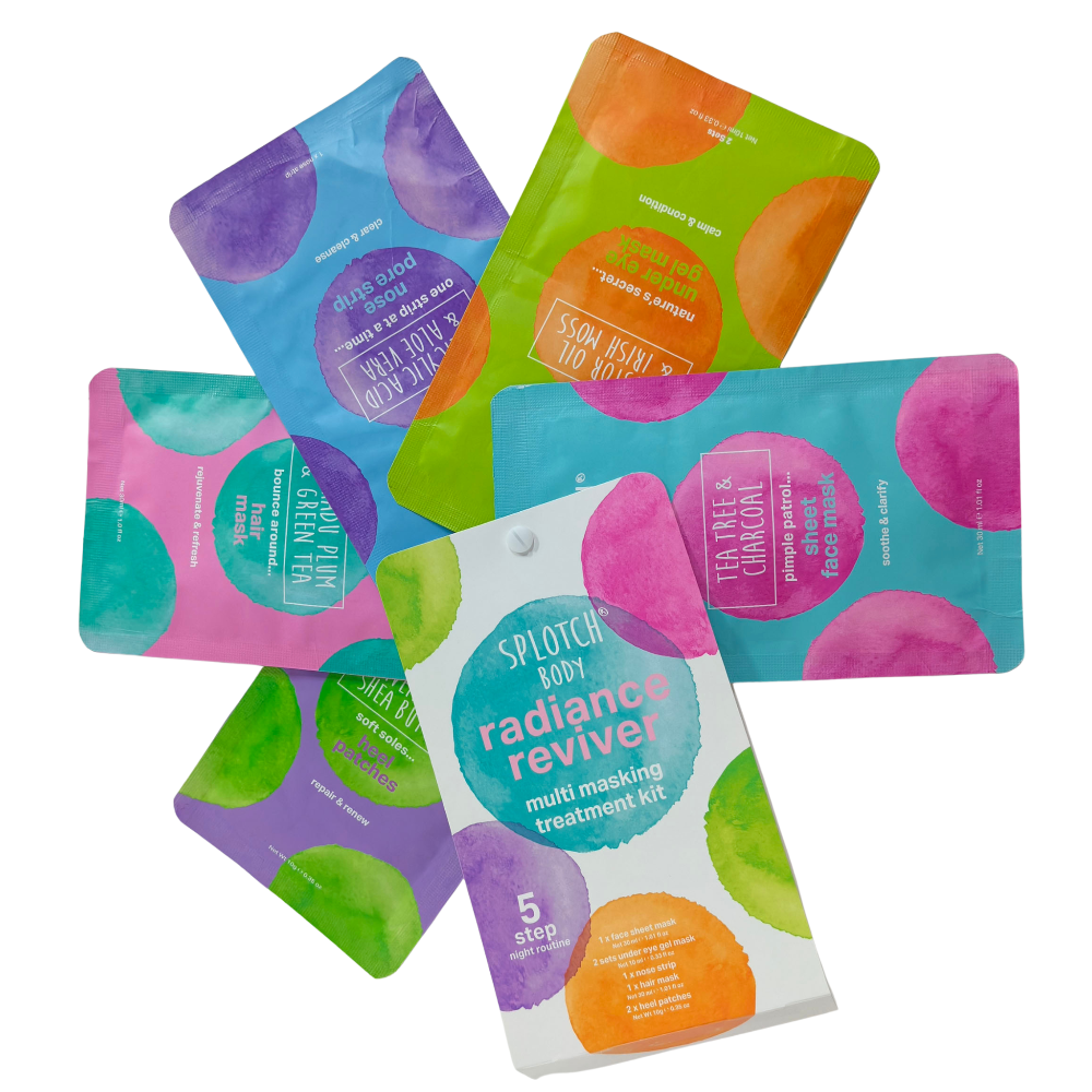 Colorful packaging of Splotch body radiance reviver multi-masking treatment kit on a white background