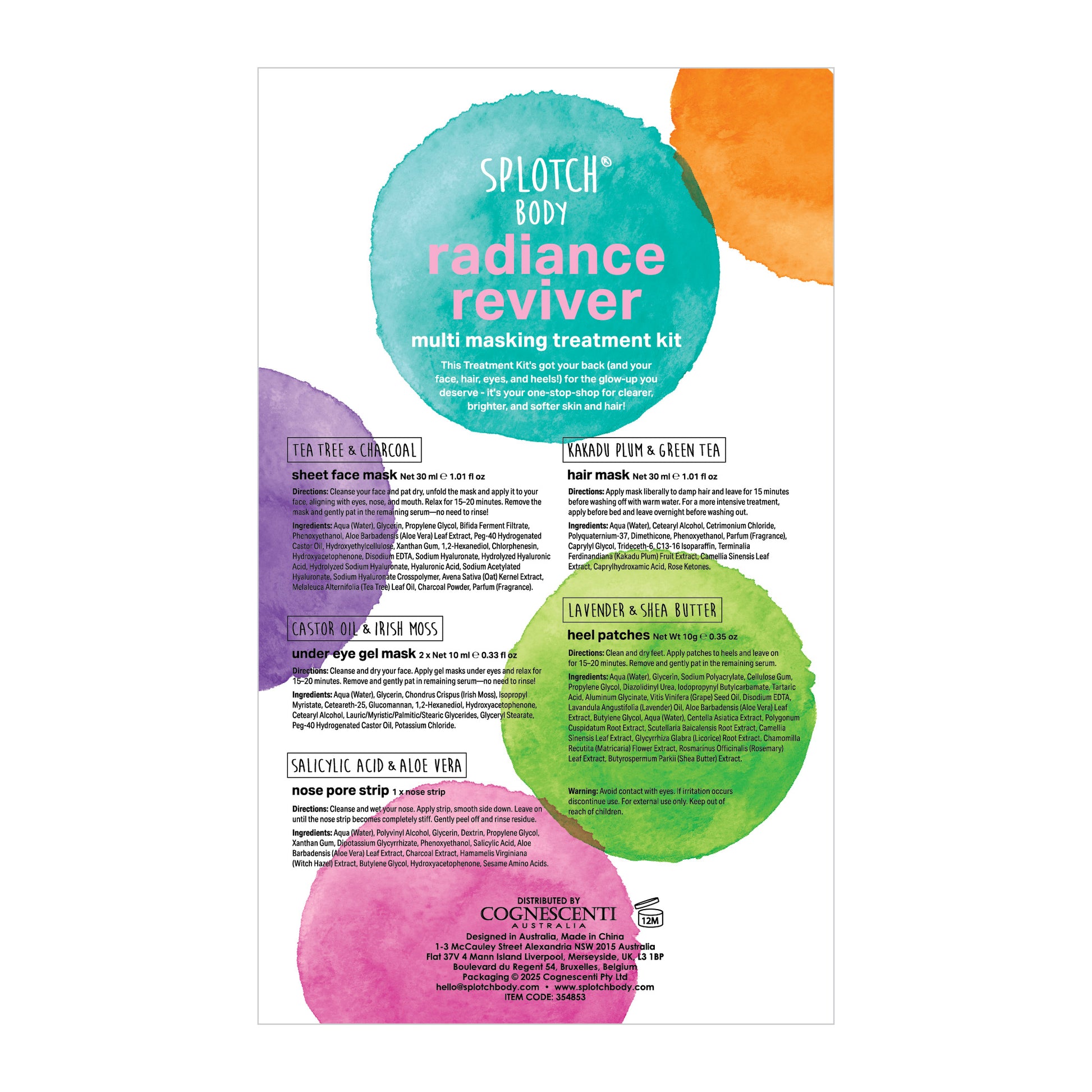 Splotch Body Radiance Reviver multi masking treatment kit packaging with colorful circles and text.