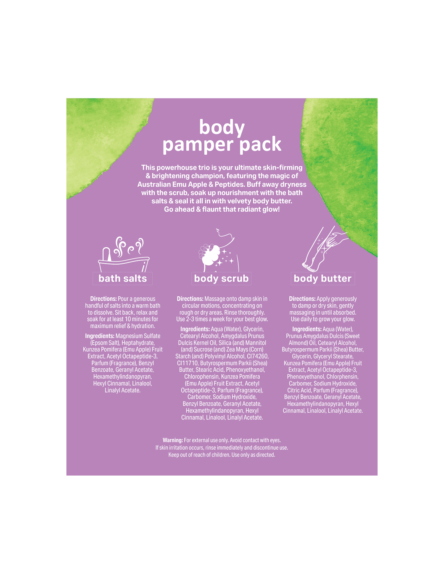 A back label for a "body pamper pack," a trio of bath salts, body scrub, and body butter, on a purple background with green watercolor splotches. The text describes the set as a "powerhouse trio" for "ultimate skin-firming & brightening" featuring Australian Emu Apple & Peptides, to "Buff away dryness with the scrub, soak up nourishment with the bath salts & seal it all in with velvety body butter."