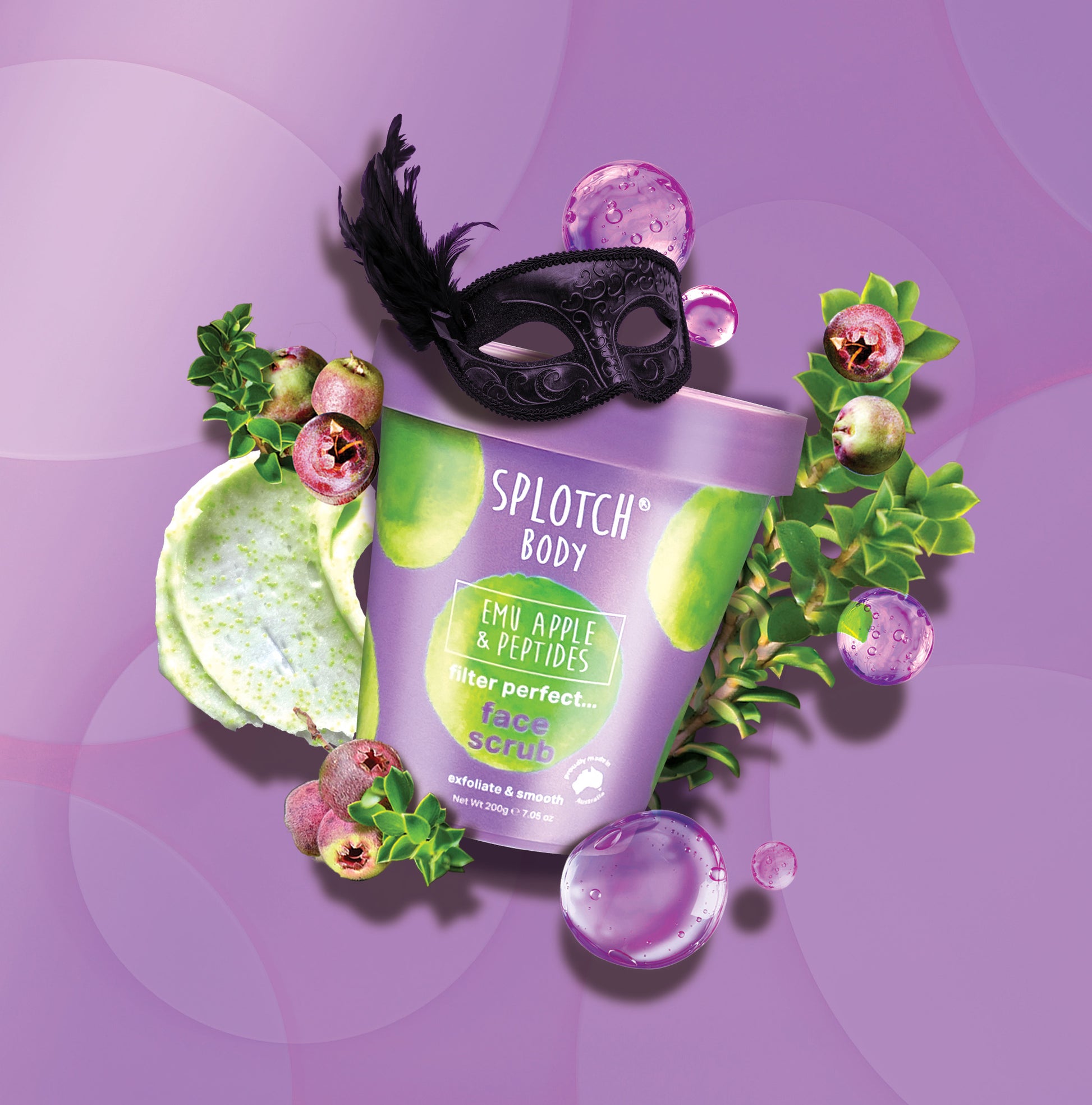 The complete Splotch Body collection, featuring the Coconut & Hyaluronic line (shower foam, hair mask, and three pamper packs) and the Emu Apple & Peptides line (face cream, face serum, face scrub, and lip balm), all featuring bright, watercolor-splotched packaging and made in Australia.