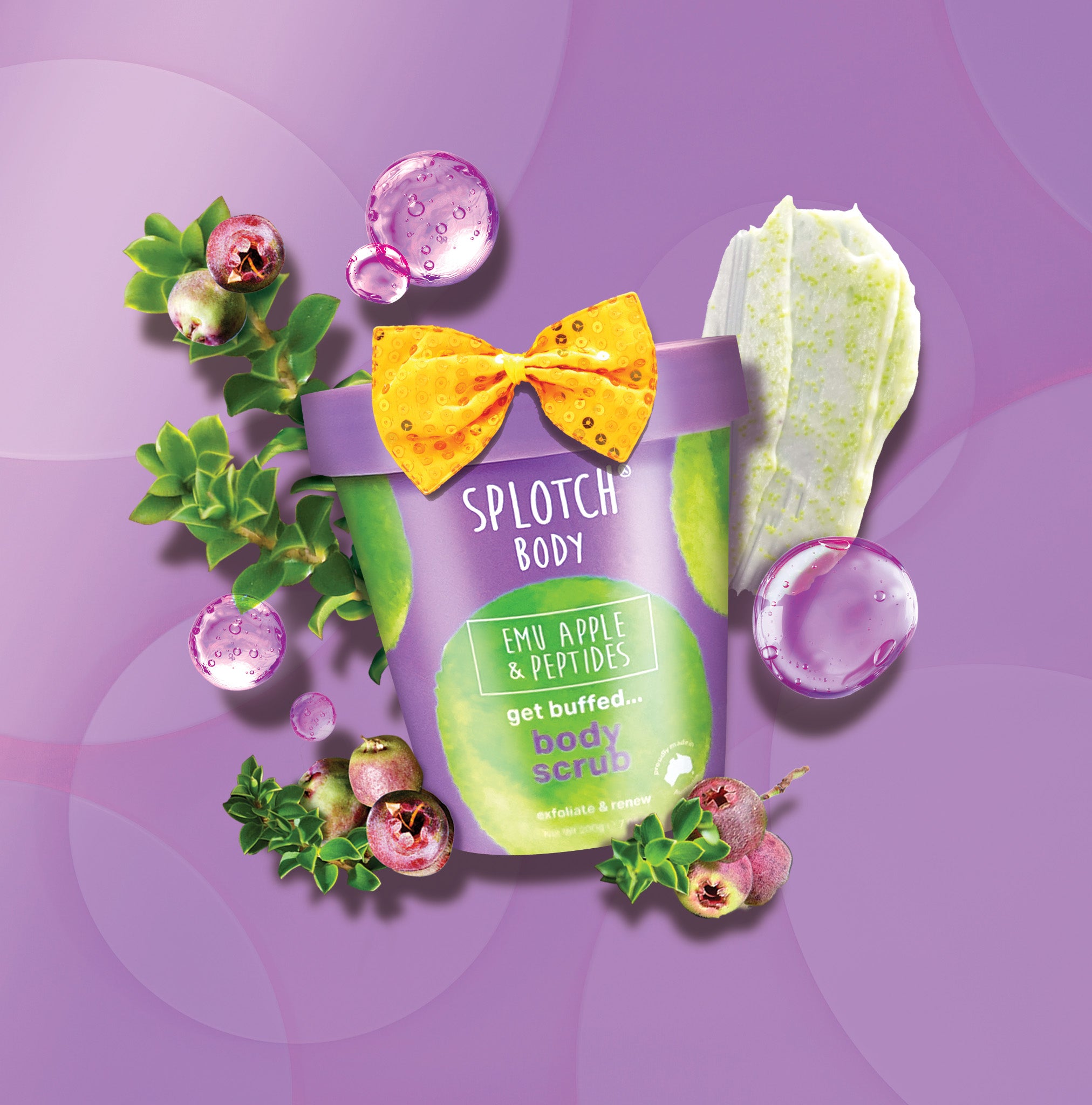 Front view of a SPLOTCH BODY Emu Apple & Peptides Body Scrub. It comes in a purple tub with a matching lid and has green watercolor-style splotches on the label. The label reads 'SPLOTCH BODY', 'EMU APPLE & PEPTIDES', 'glow getter... body scrub', and 'exfoliate & firm', with 'Net Wt 200g 7.05 oz' at the bottom.