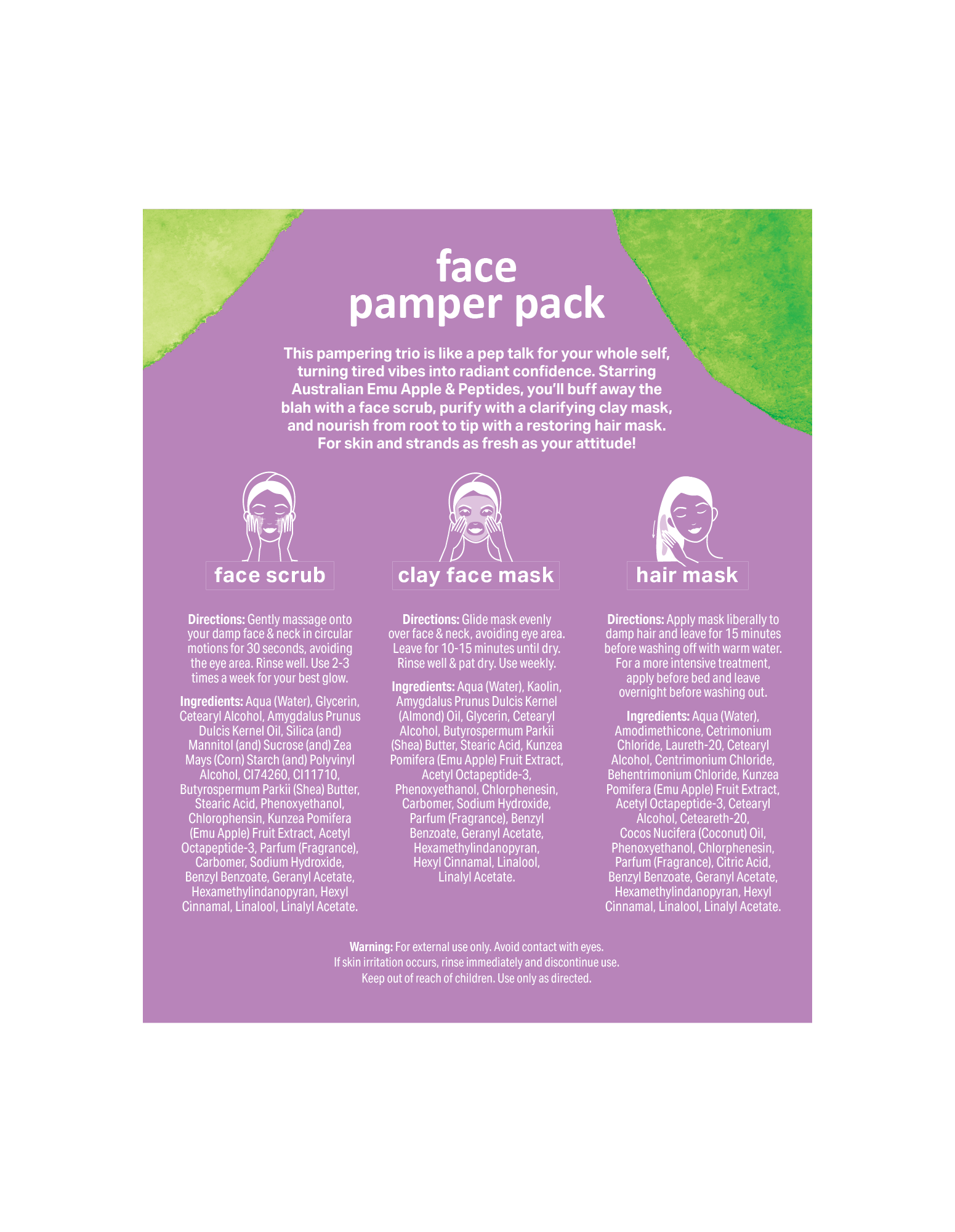 A product label for a "face pamper pack," a trio of face scrub, clay face mask, and hair mask, on a purple background with green watercolor splotches. The text describes the set as a "pampering trio" with Australian Emu Apple & Peptides to "buff away the blah with a face scrub, purify with a clarifying clay mask, and nourish from root to tip with a restoring hair mask."