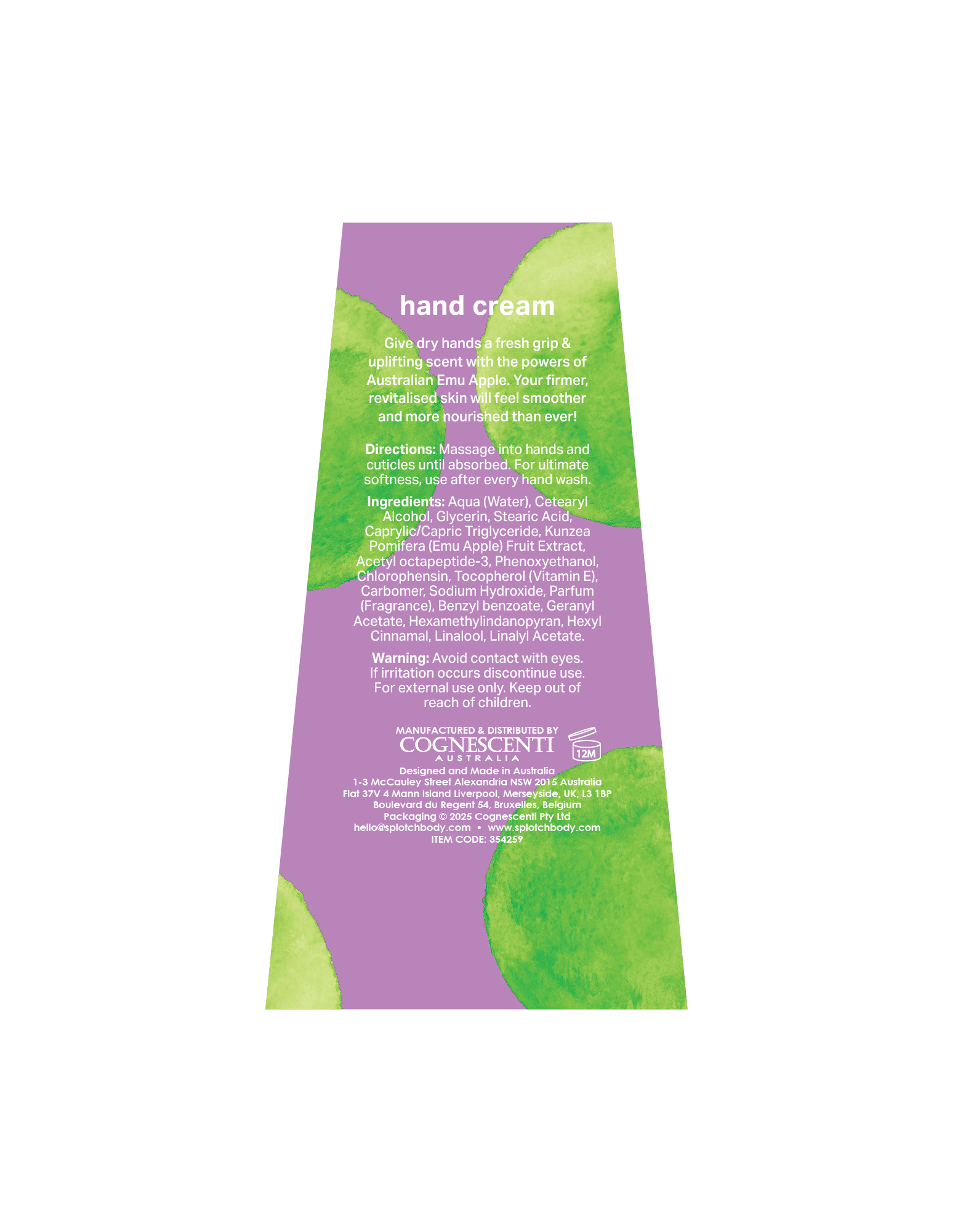 A label for "hand cream" with a purple background and green, watercolor-style splotches. The text describes the product: "Give dry hands a fresh crisp & uplifting scent with the powers of Australian Emu Apple. Your firmer, revitalised skin will feel smoother and more nourished than ever!"