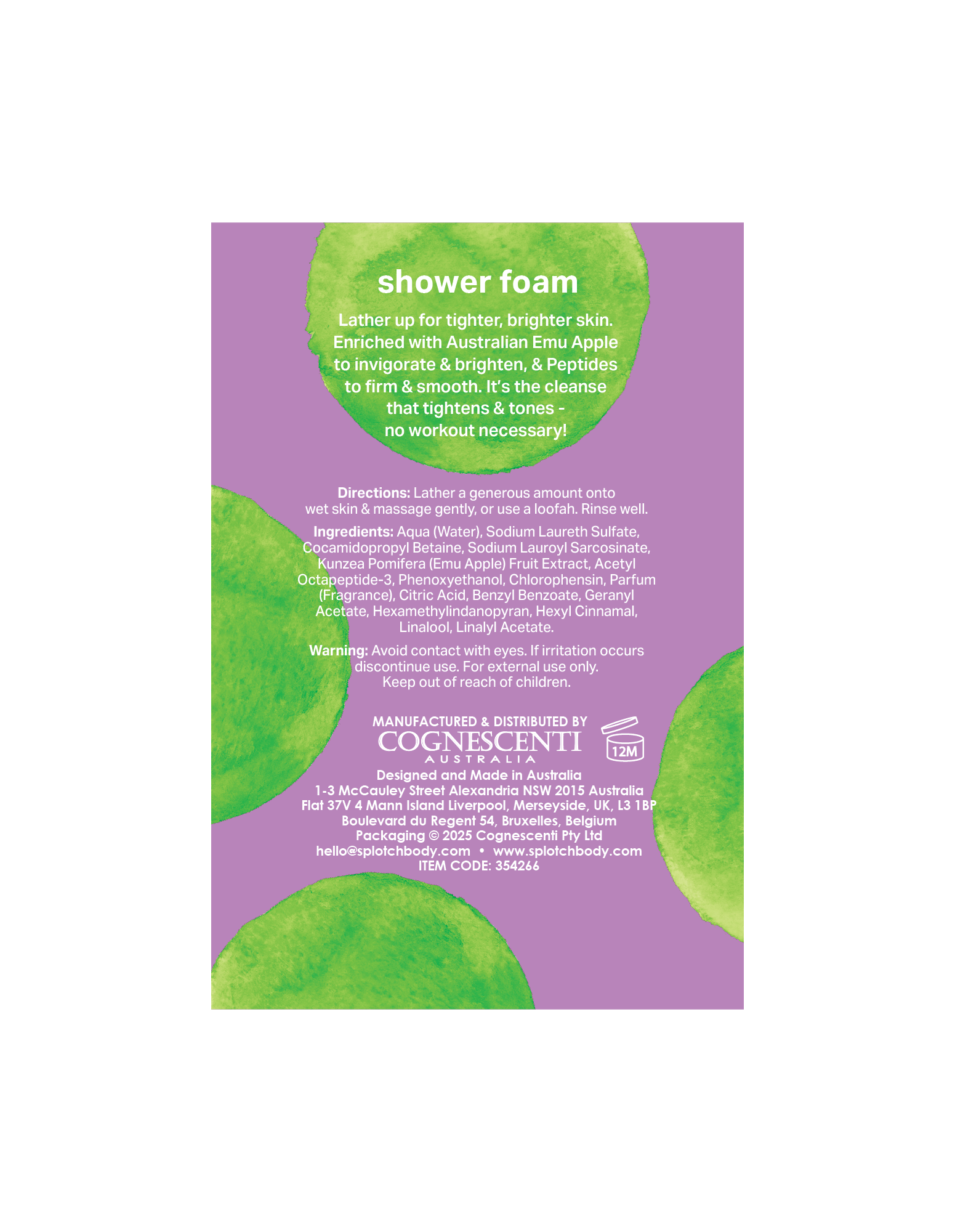 A back label for "shower foam" with a purple background featuring green watercolor splotches. The text describes the product: "Lather up for tighter, brighter skin. Enriched with Australian Emu Apple to invigorate & brighten, & Peptides to firm & smooth. It's the cleanse that tightens & tones - no workout necessary!"