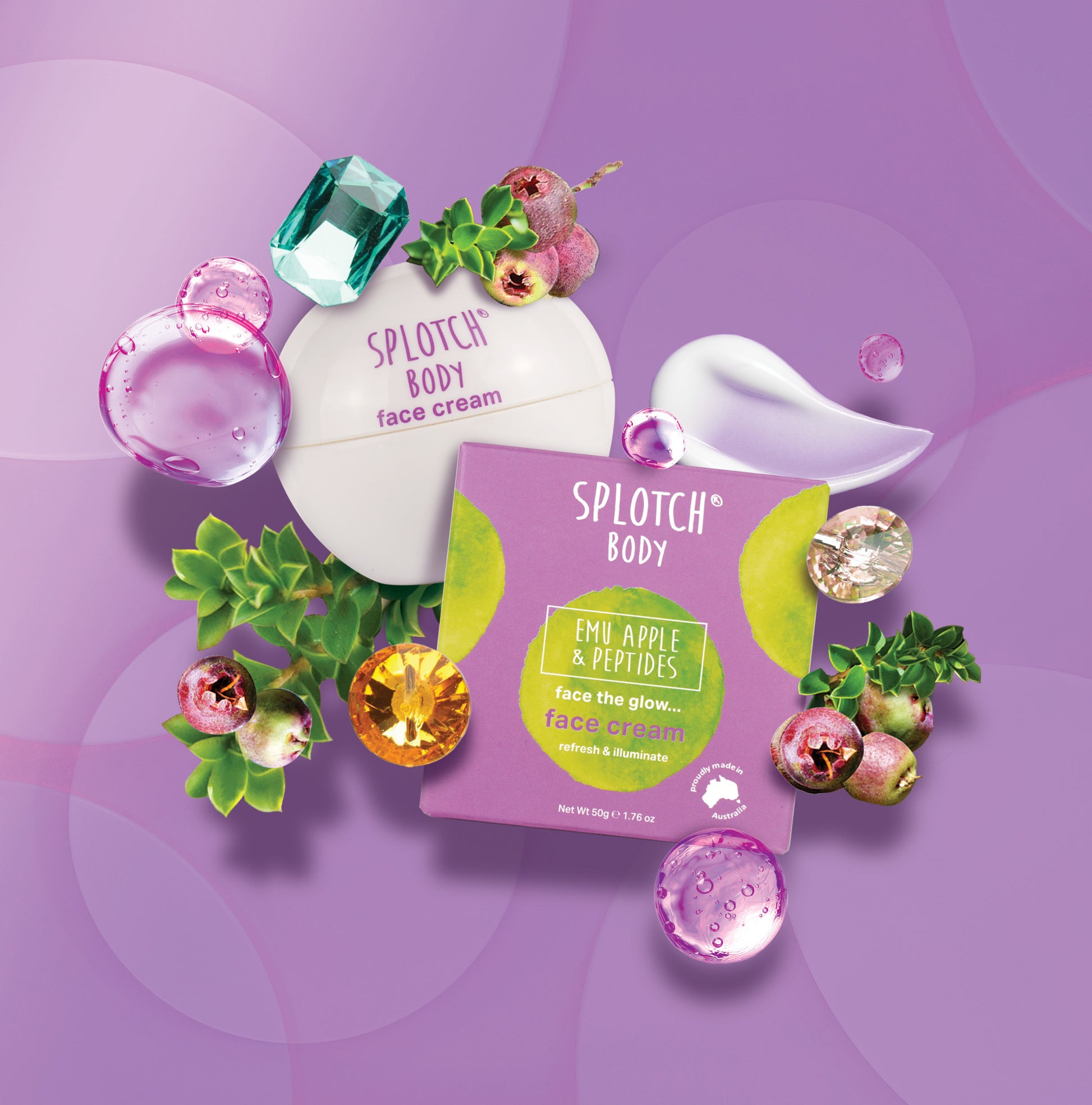 The complete Sploth Body collection, featuring the Coconut & Hyaluronic line and the Emu Apple & Peptides line, including shower foam, hair mask, face cream, face serum, lip balm, and three different pamper packs (body, face, and scrub/serum duo), all with bright, watercolor-splotched packaging and made in Australia.