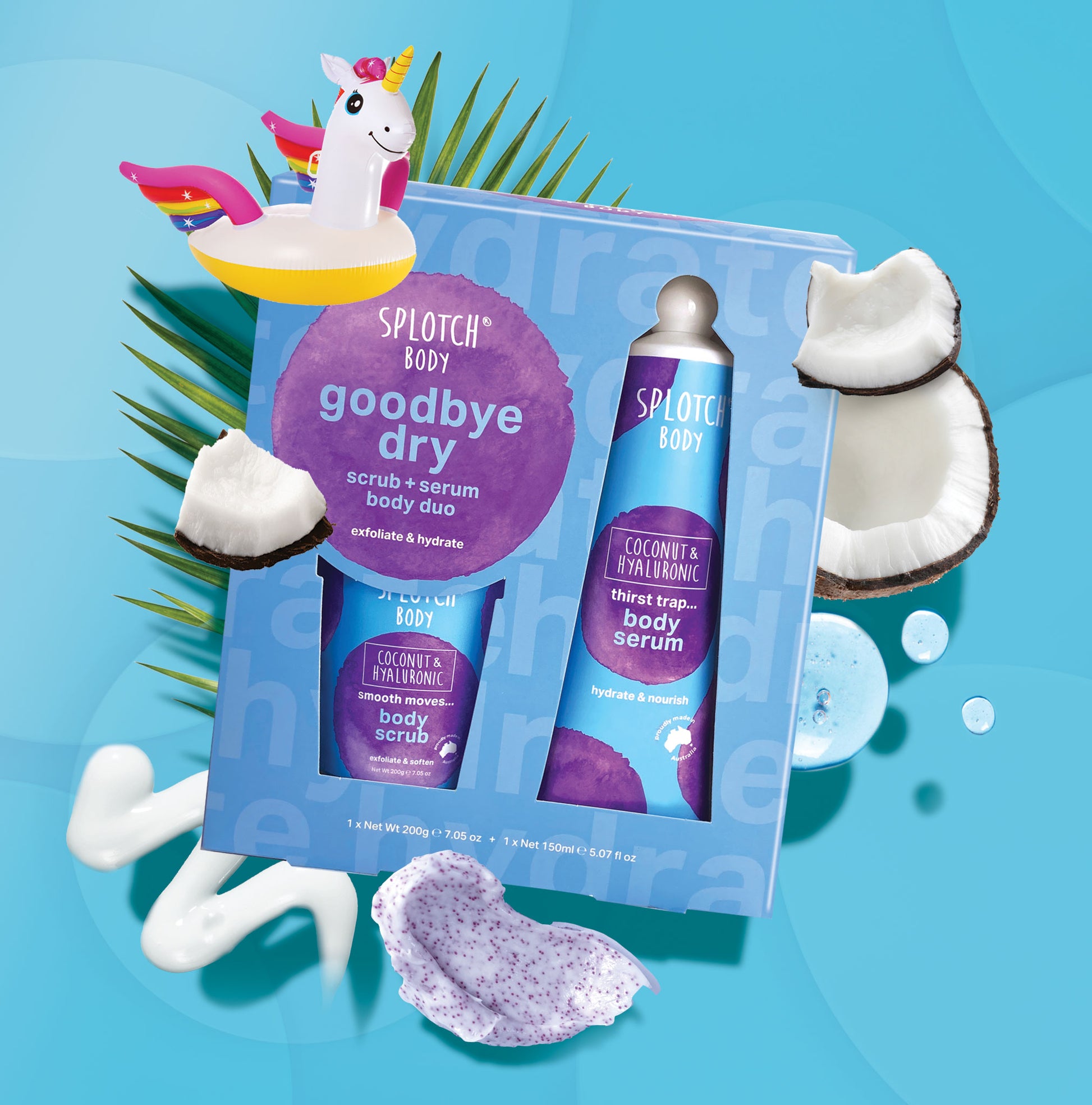 The complete Sploth Body Coconut & Hyaluronic collection: Silky Suds Shower Foam, Frizz Fighter Hair Mask, Smooth Vibes Body Pamper Pack (with bath salts, body scrub, and body butter), You Glow Girl Face Pamper Pack (with face scrub, clay face mask, and hair mask), and the Goodbye Dry Scrub + Serum Body Duo. All items are designed to hydrate, soften, and nourish skin and hair.