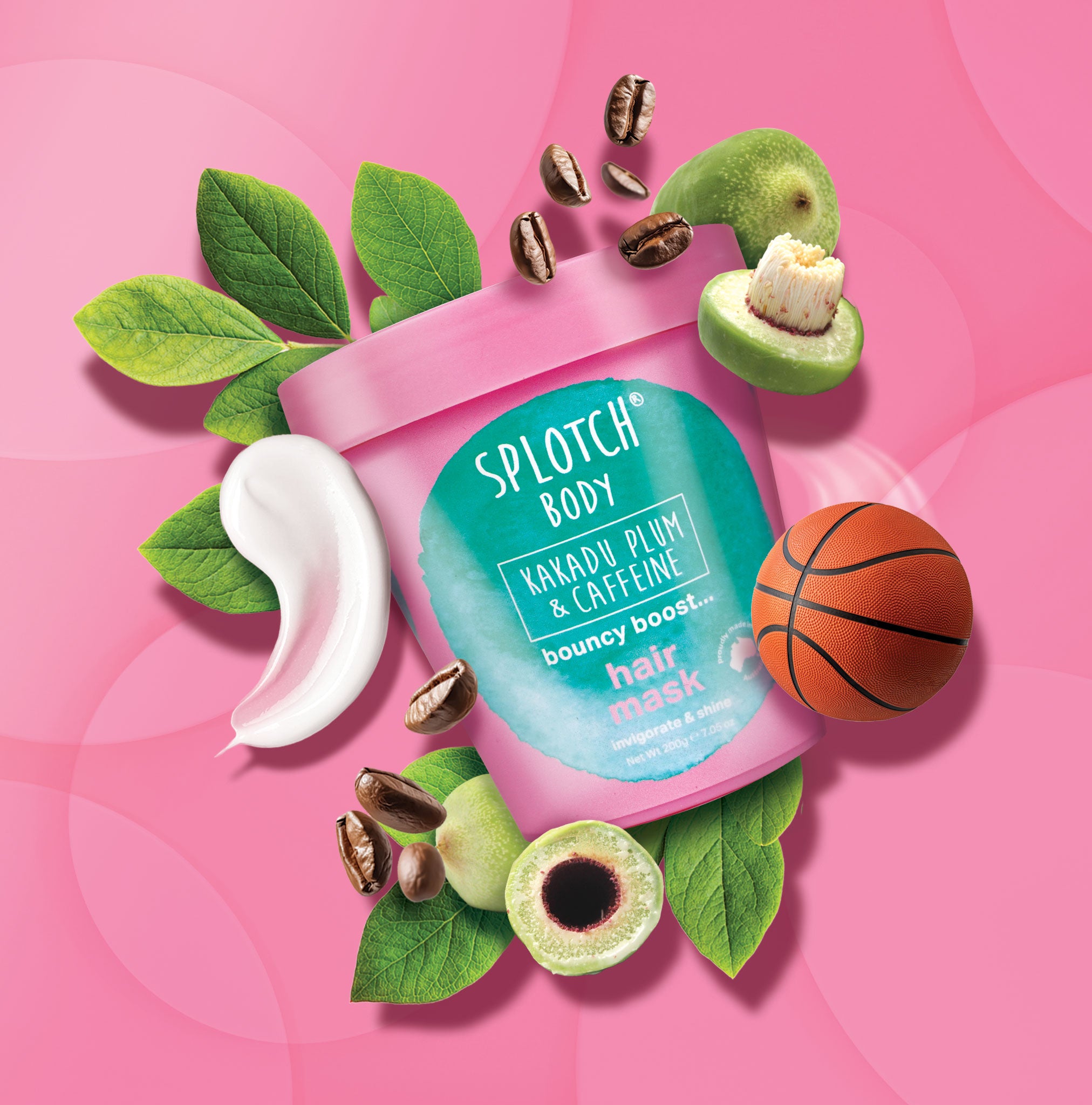 Spotch hair mask container with ingredients on a pink background