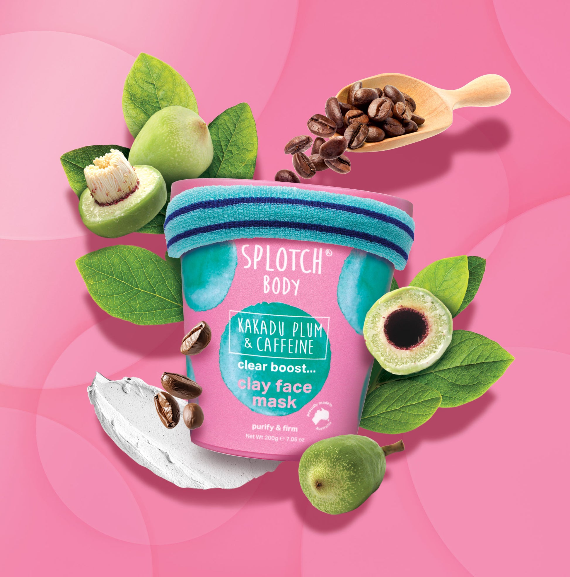 Splotch Body clay face mask packaging with ingredients on a pink background