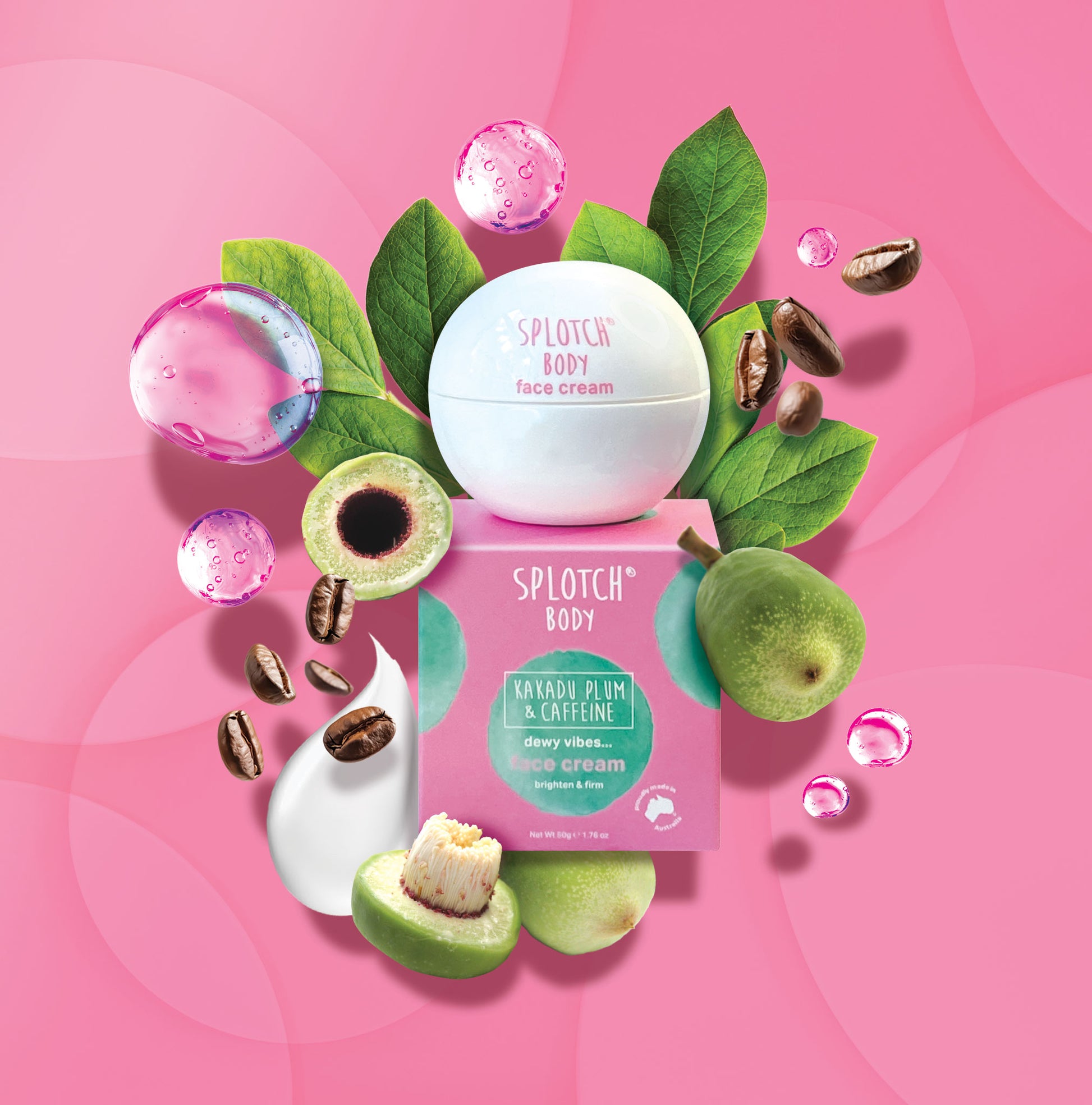 A stylised product shot for SEO featuring a white tub of SPLOTCH BODY Kakadu Plum & Caffeine Face Cream resting on its pink and teal box. The scene is set against a pink background and includes fresh Kakadu Plums, green leaves, coffee beans, pink bubbles, and swirls of white face cream, highlighting the "dewy vibes... face cream" for "brighten & firm" benefits.