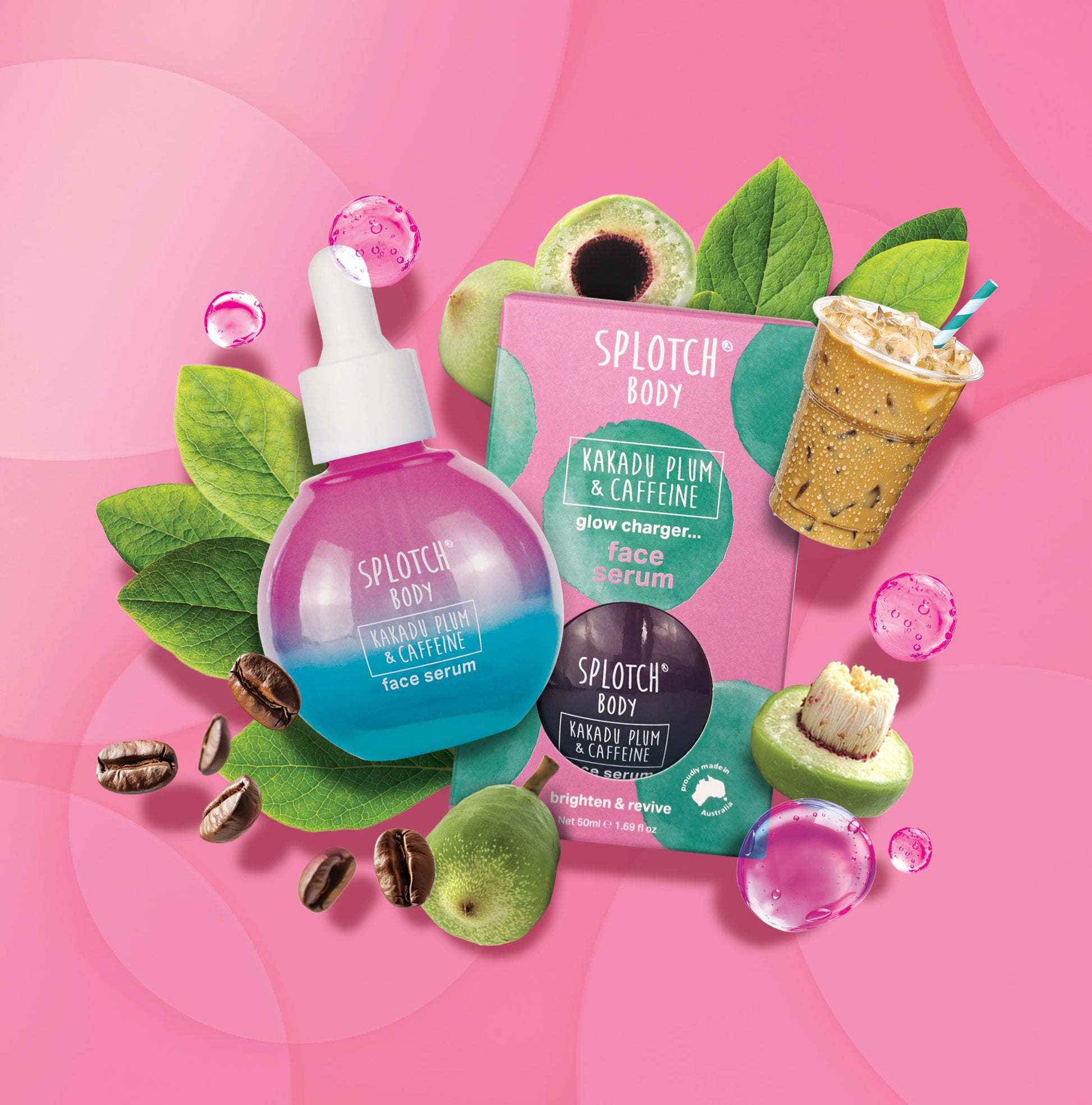 A vibrant, stylised product shot for SEO featuring the SPLOTCH BODY Kakadu Plum & Caffeine Face Serum, with the pink-to-teal dropper bottle and matching box surrounded by fresh Kakadu Plums, green leaves, coffee beans, pink bubbles, and a cup of iced coffee, promoting "glow charger" and "brighten & revive" benefits.