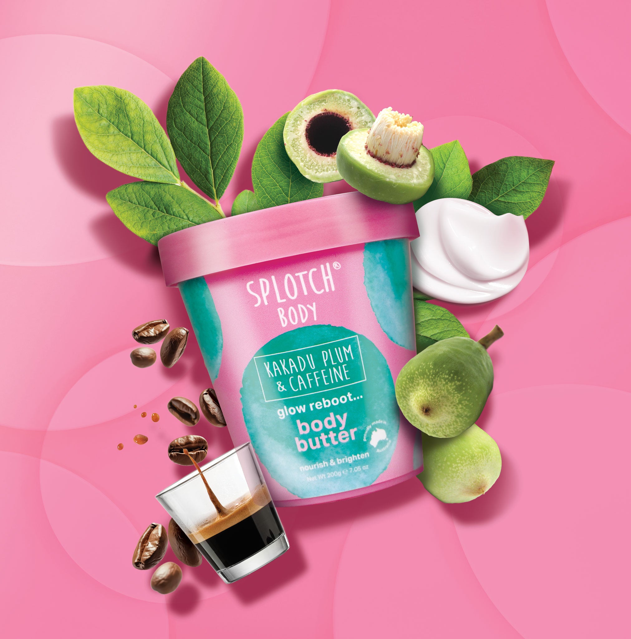 Splotch Body body butter container with ingredients on a pink background