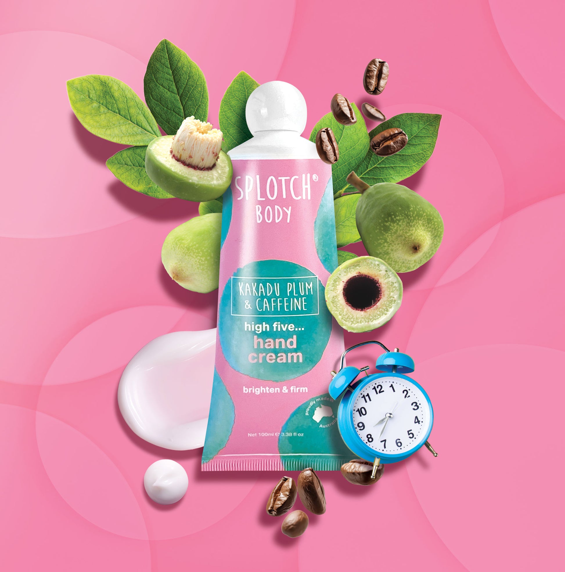A pink squeeze tube with teal splotches and a white spherical cap, marketed to "brighten & firm". The graphic includes Kakadu plums, coffee beans, a blue alarm clock, and a creamy white product swatch.