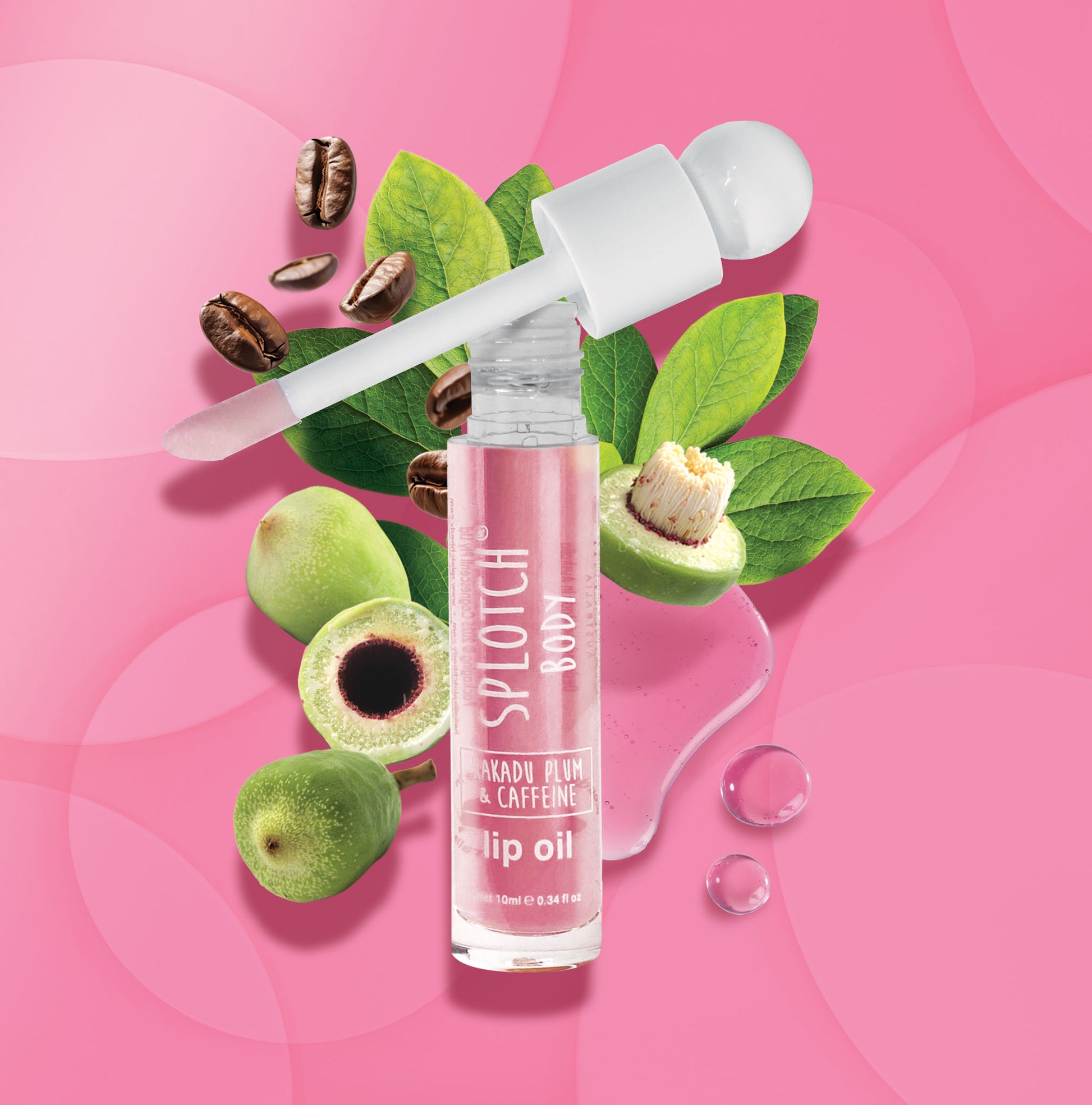 A clear 10ml vial showcasing a shimmering pink oil, with a white applicator wand resting against a backdrop of fresh botanicals and coffee beans.