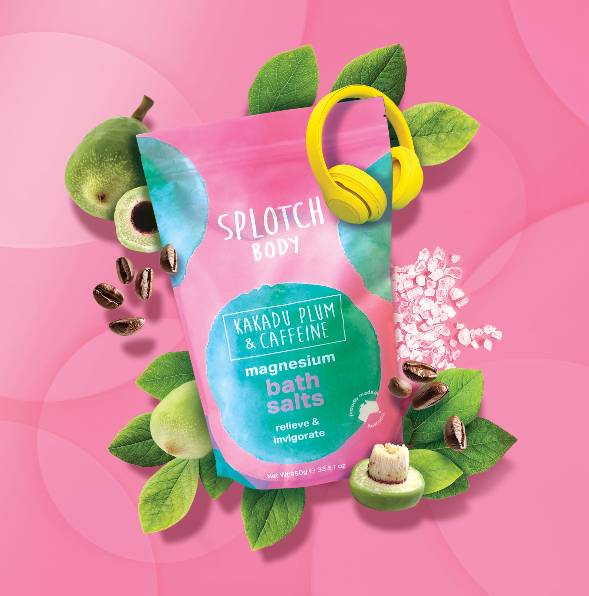 Splash Body magnesium bath salts packaging with green leaves and a pink background