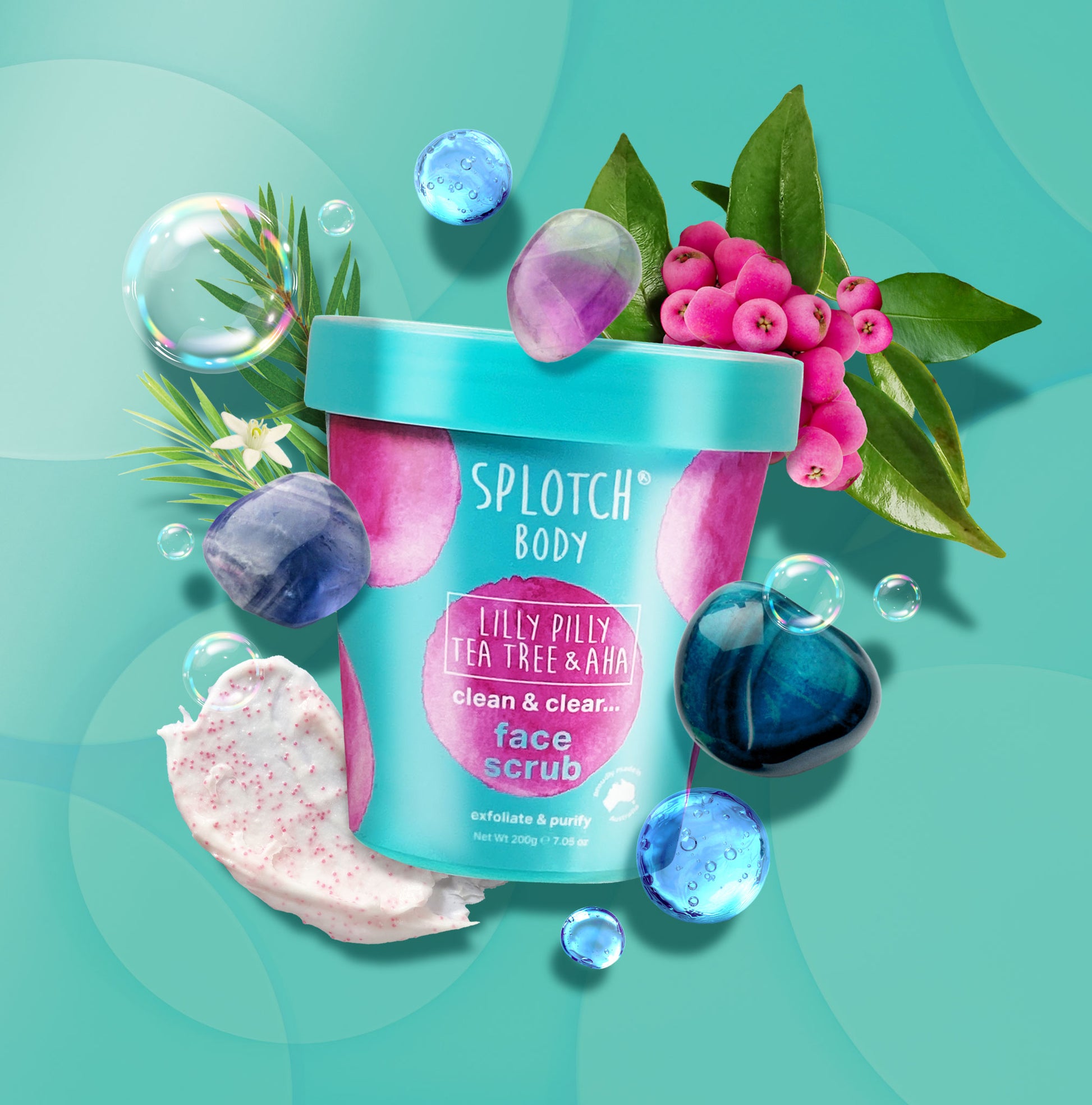 Promotional graphics for the face scrub tub surrounded by bubbles, pink berries, a white flower, and smooth, dark blue stones.