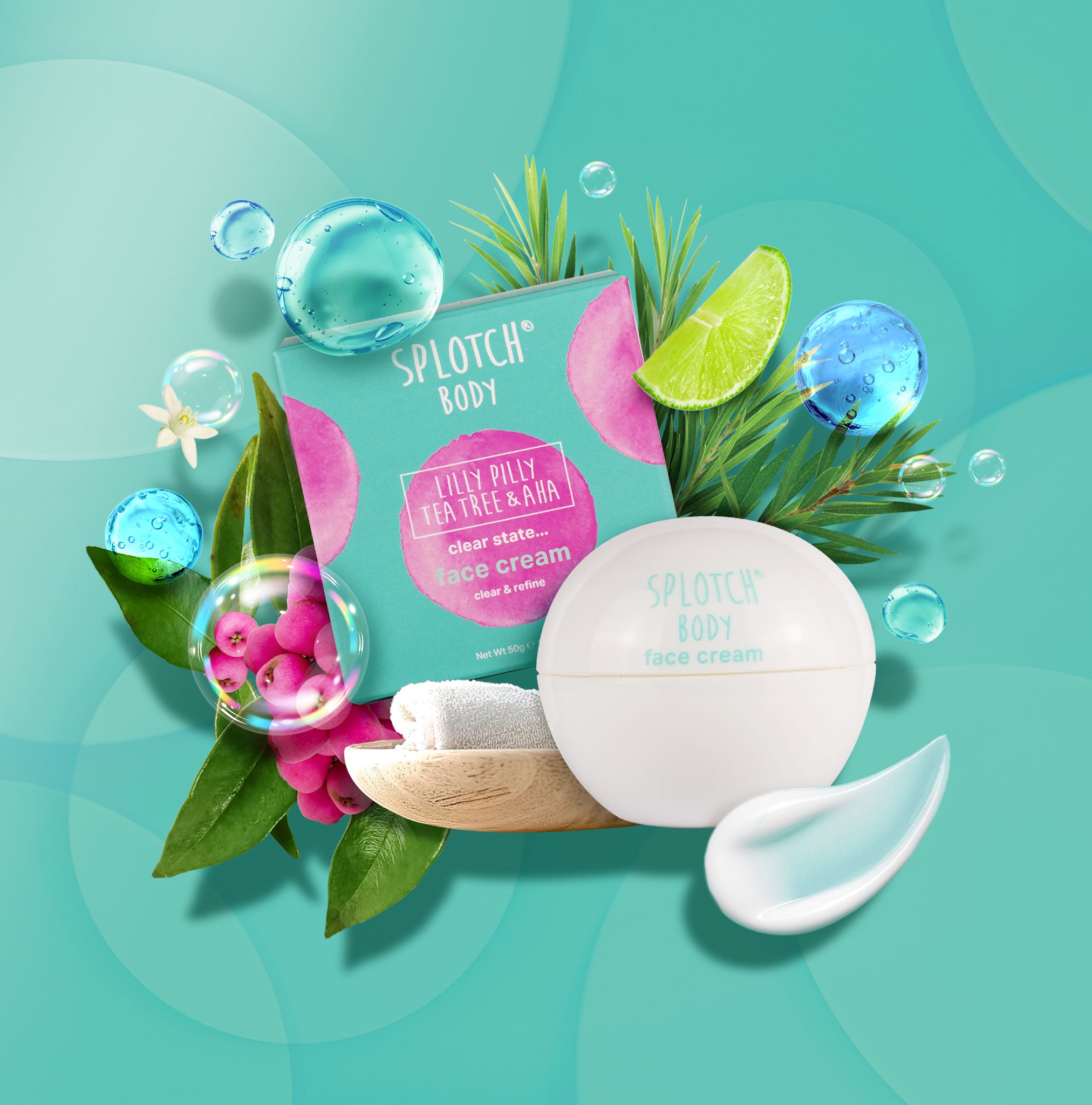 A light blue label with pink watercolor circles providing directions to massage the face cream into the face in circular motions and the neck in an upward direction. Key ingredients include Shea Butter, Lilli Pilli Fruit Extract, and Tea Tree Leaf Oil.