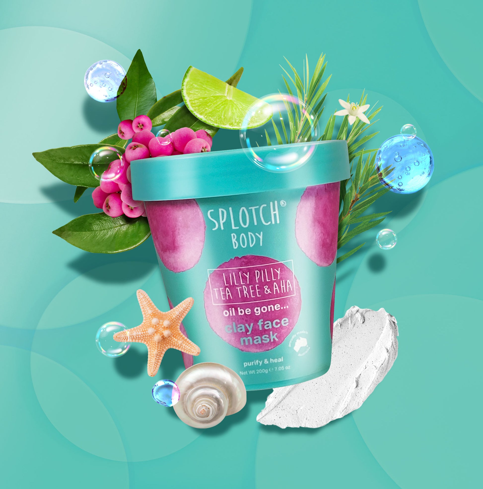 A teal informational label for the "clay face mask" featuring Lilly Pilly, Tea Tree & AHA. Directions advise gliding the mask evenly over the face and neck, avoiding the eye area, and leaving for 10–15 minutes until dry.