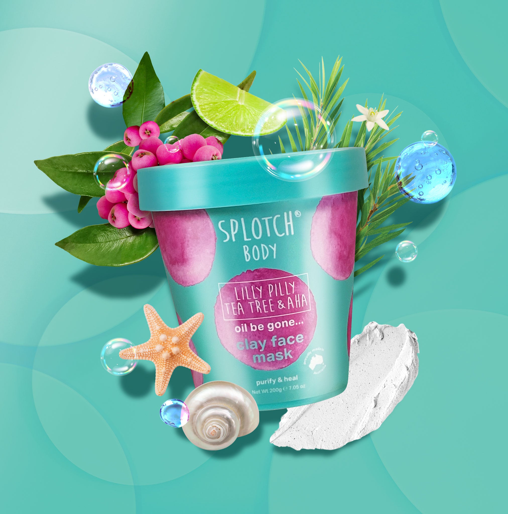 A teal informational label for the "clay face mask" featuring Lilly Pilly, Tea Tree & AHA. Directions advise gliding the mask evenly over the face and neck, avoiding the eye area, and leaving for 10–15 minutes until dry.