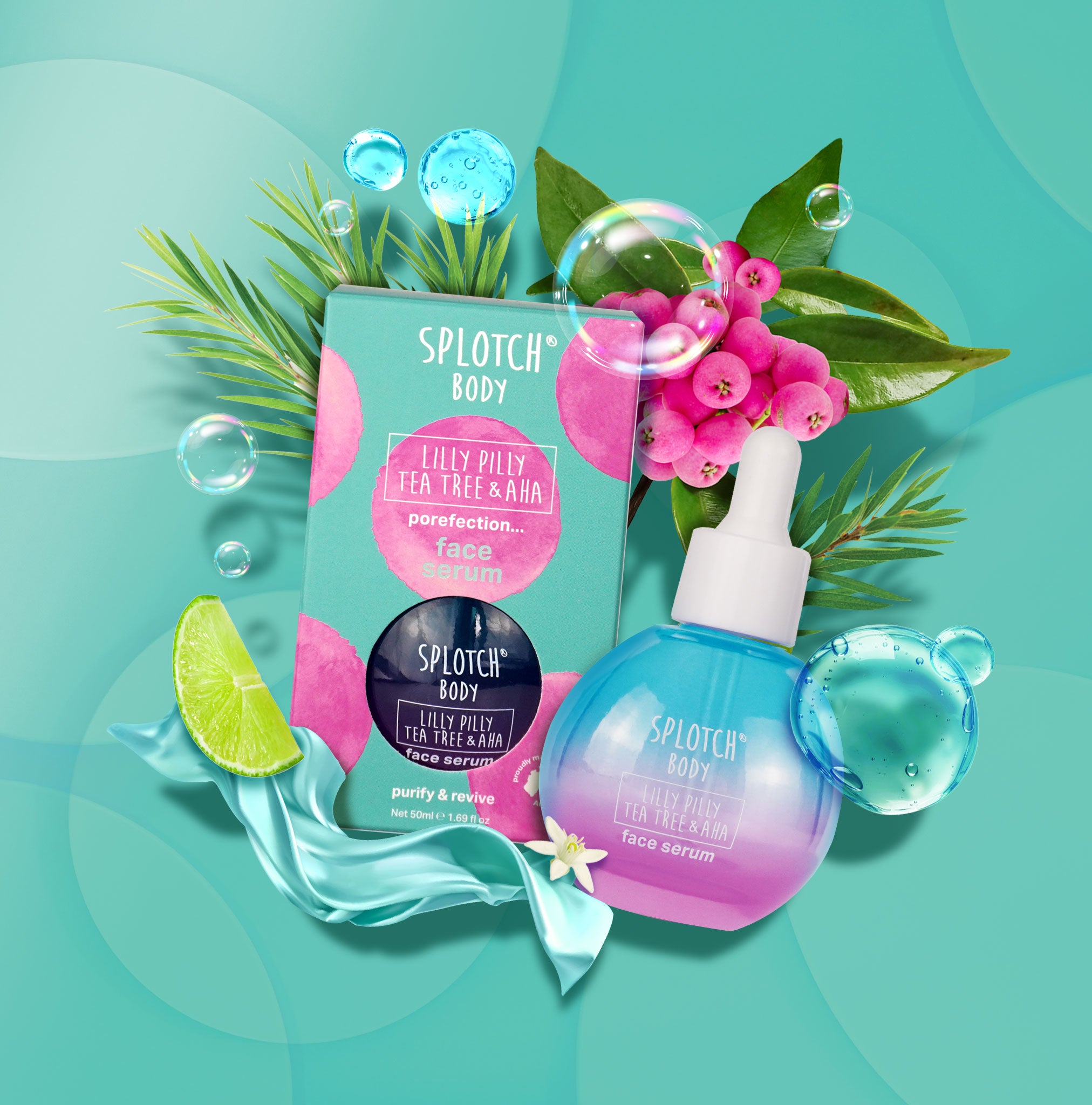 A light blue label for the "porefection... face serum". It provides directions to massage a few drops into the face and neck morning and night, followed by a full ingredient list including Lilli Pilli and Tea Tree.