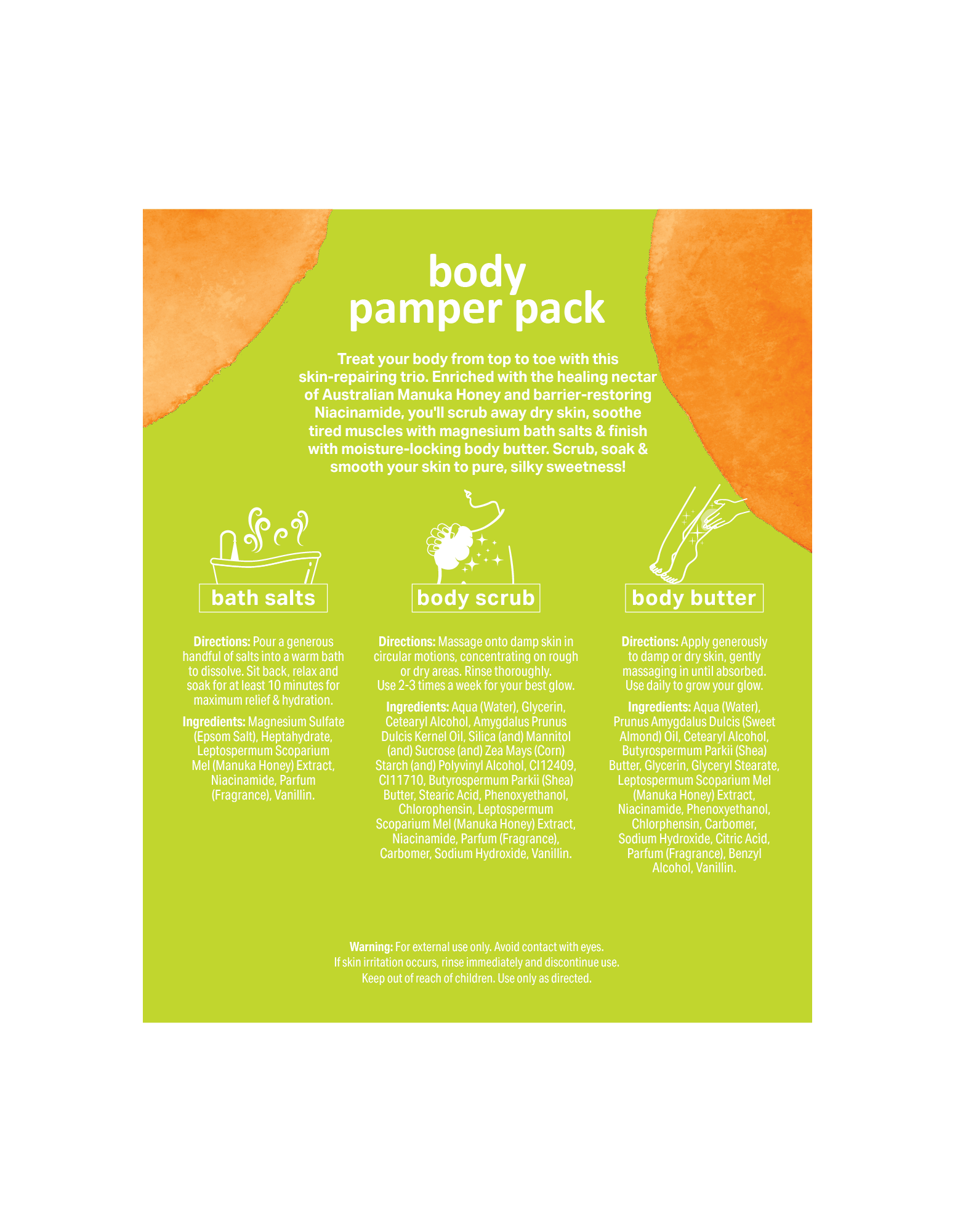 A large informational label detailing three skin-repairing products: bath salts, body scrub, and body butter. It includes individual directions and ingredient lists for each step of the pampering routine.