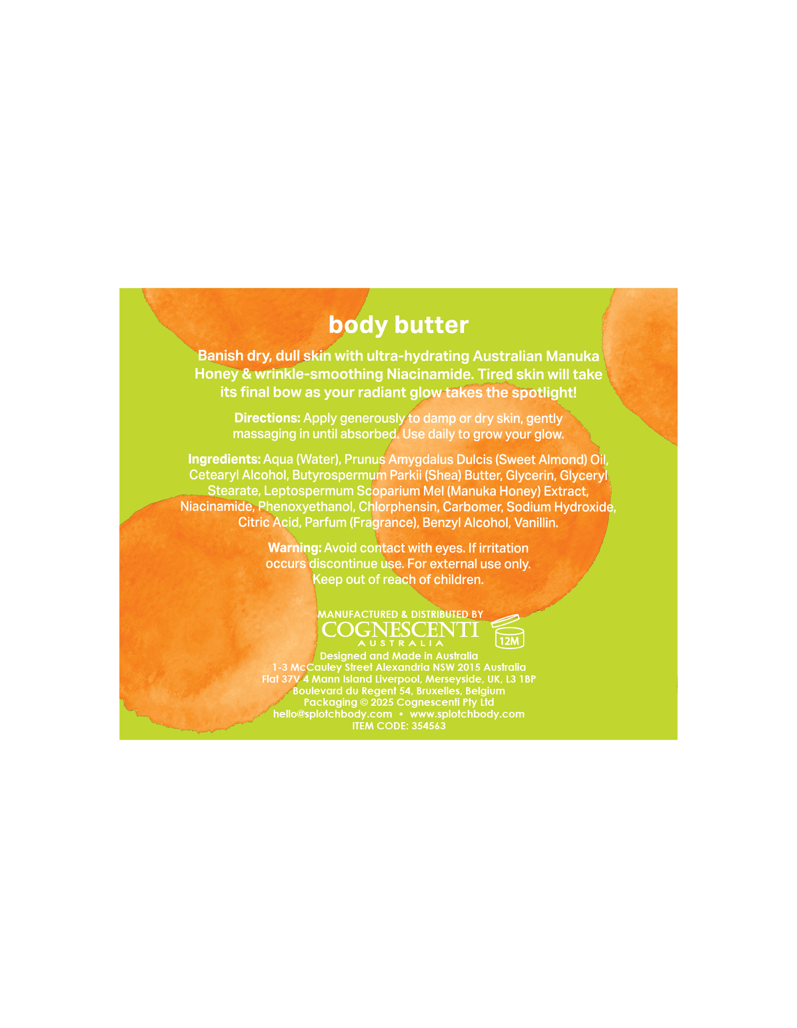 A rectangular back-of-pack label for Cognescenti Australia "body butter". The design features a bright lime-green background with large, abstract orange watercolor circles.