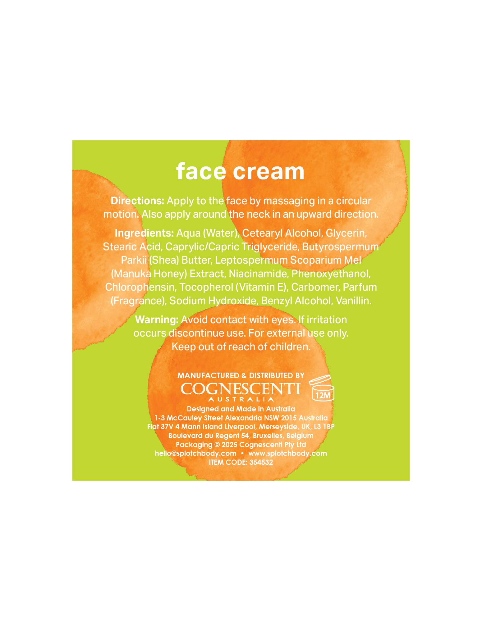 
The back label for SPLOTCH BODY face cream on a lime green background with orange watercolor splotches.