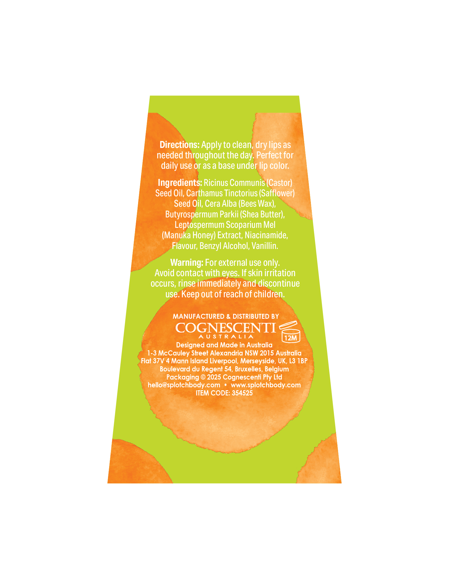 The back label for SPLOTCH BODY Manuka Honey & Niacinamide Lip Balm on a lime green background with orange watercolor accents.