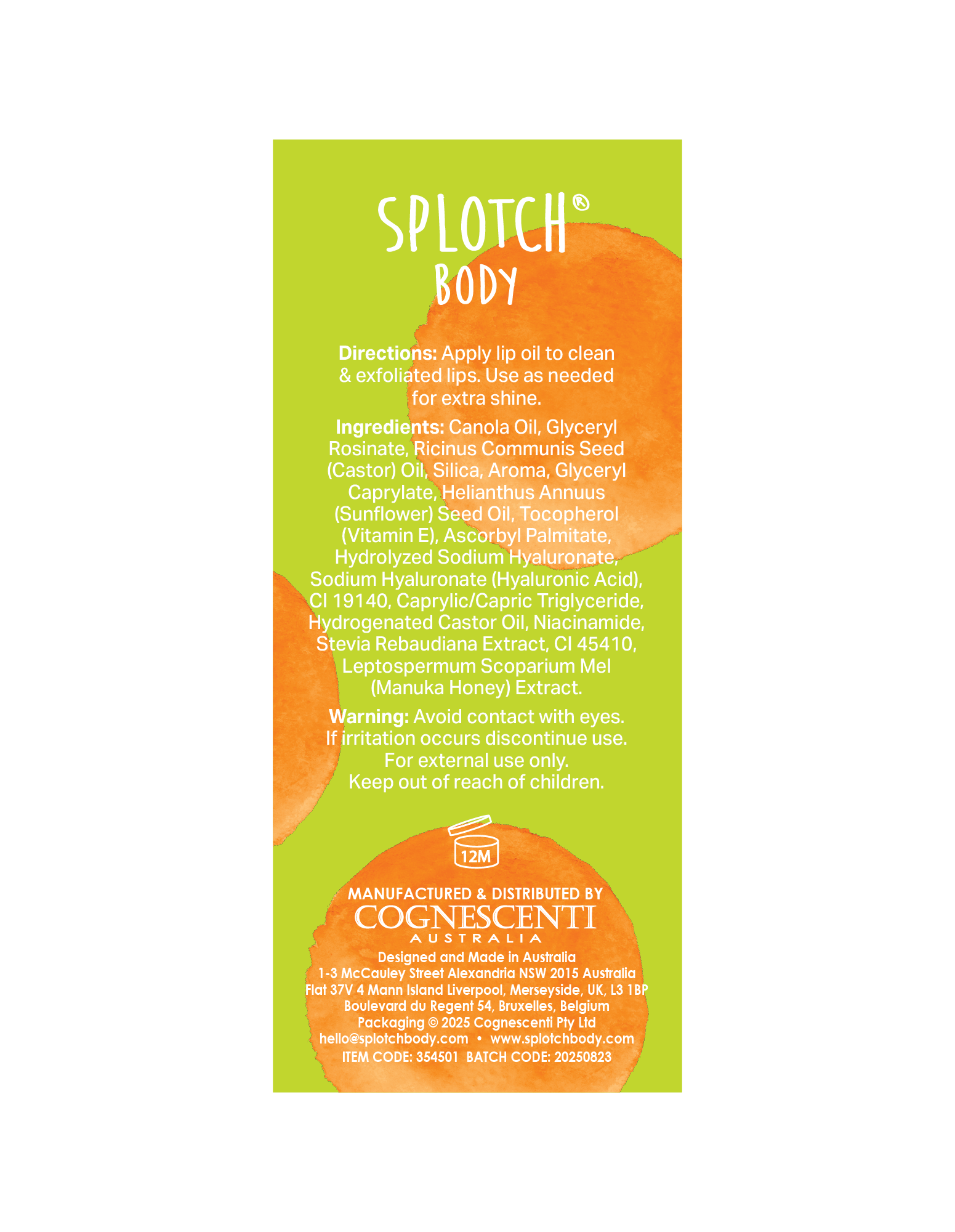 The back label for SPLOTCH BODY Manuka Honey & Niacinamide Lip Oil on a lime green background with orange watercolor splotches.