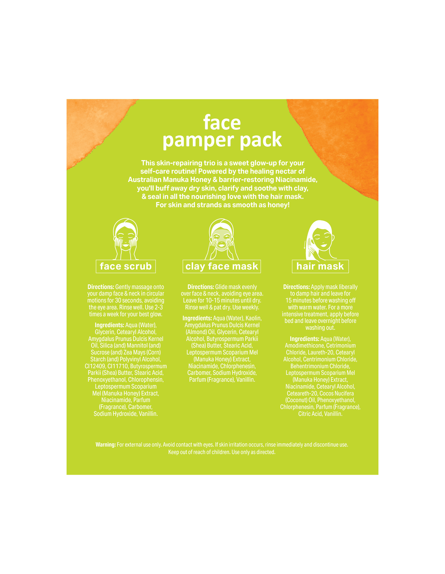 A promotional graphic for the Splotch Body "Skin Like Honey" face pamper pack. A hand with bright pink nails holds a lime green box that lists the contents: face scrub, clay face mask, and hair mask. Text callouts highlight the use of kaolin clay to clear and calm skin, and almond oil for softness. The design features the brand's signature orange watercolor circles and a "proudly made in Australia" logo.