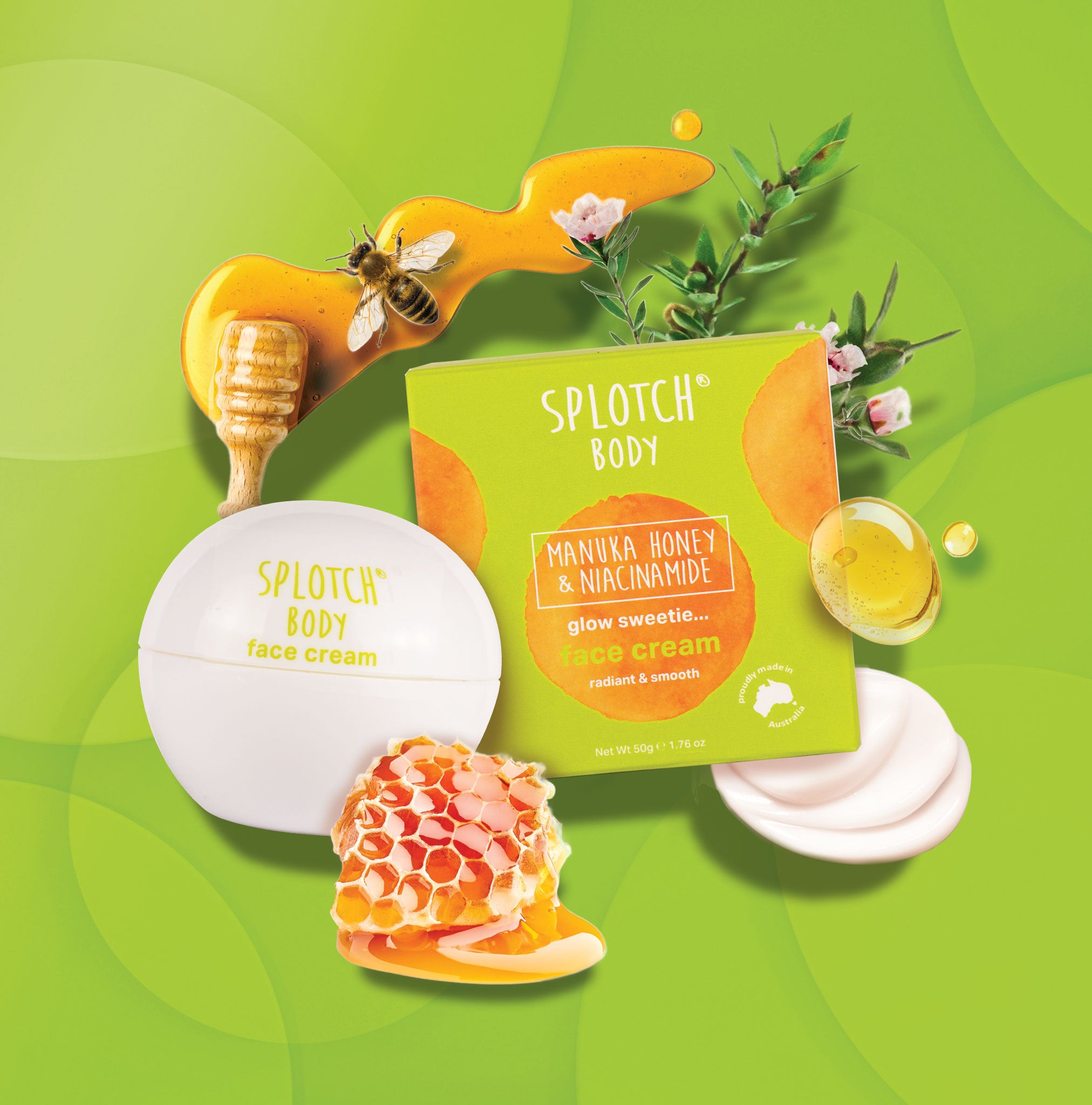 A marketing product shot for SPLOTCH BODY Manuka Honey & Niacinamide Face Cream, featuring a round white jar and its lime green and orange watercolor-patterned box. The box is labeled "glow sweetie... face cream" and is intended to leave skin "radiant & smooth".