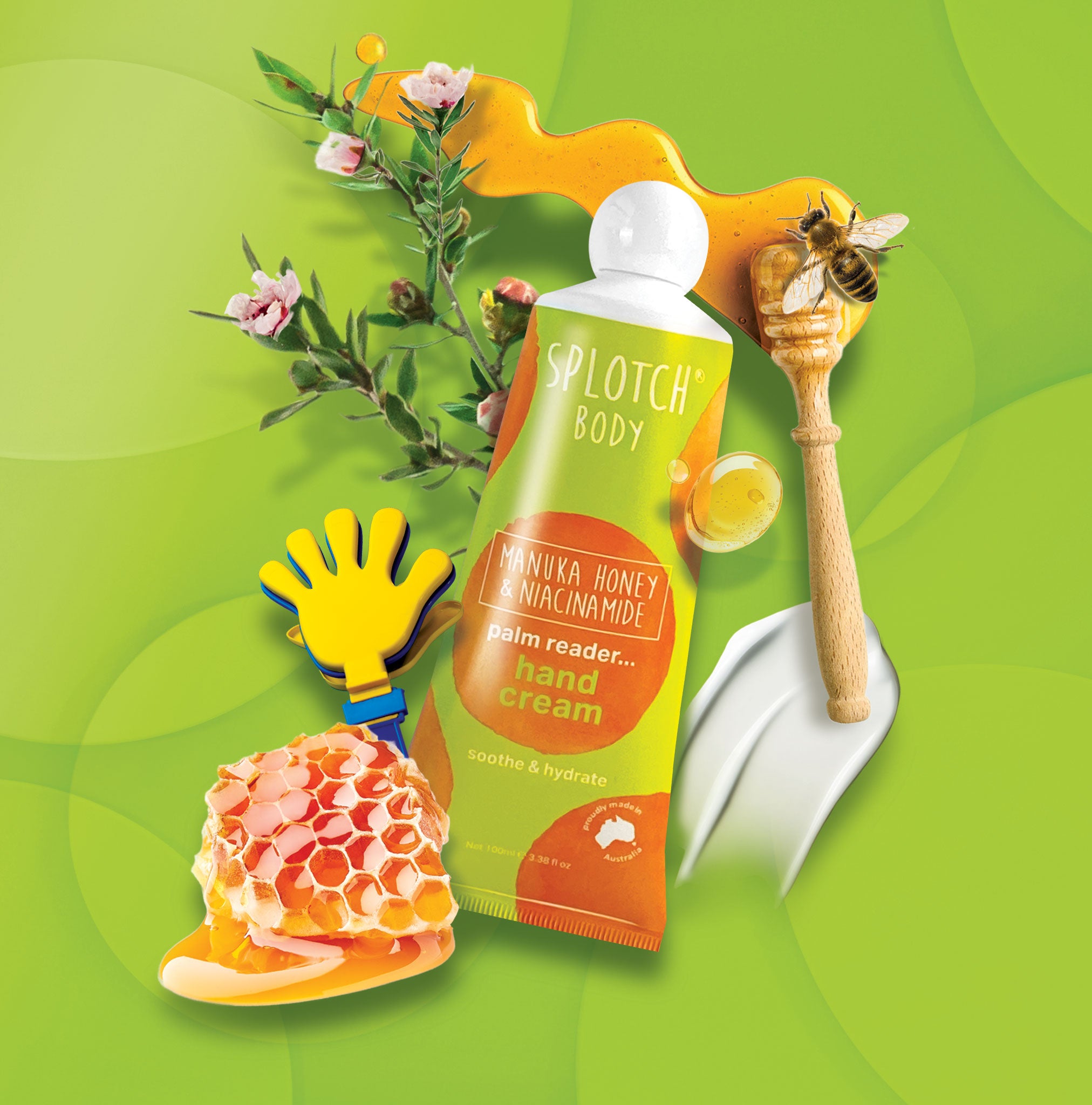 Splotch Body hand cream with honey dipper, flowers, and garden tools on a green background