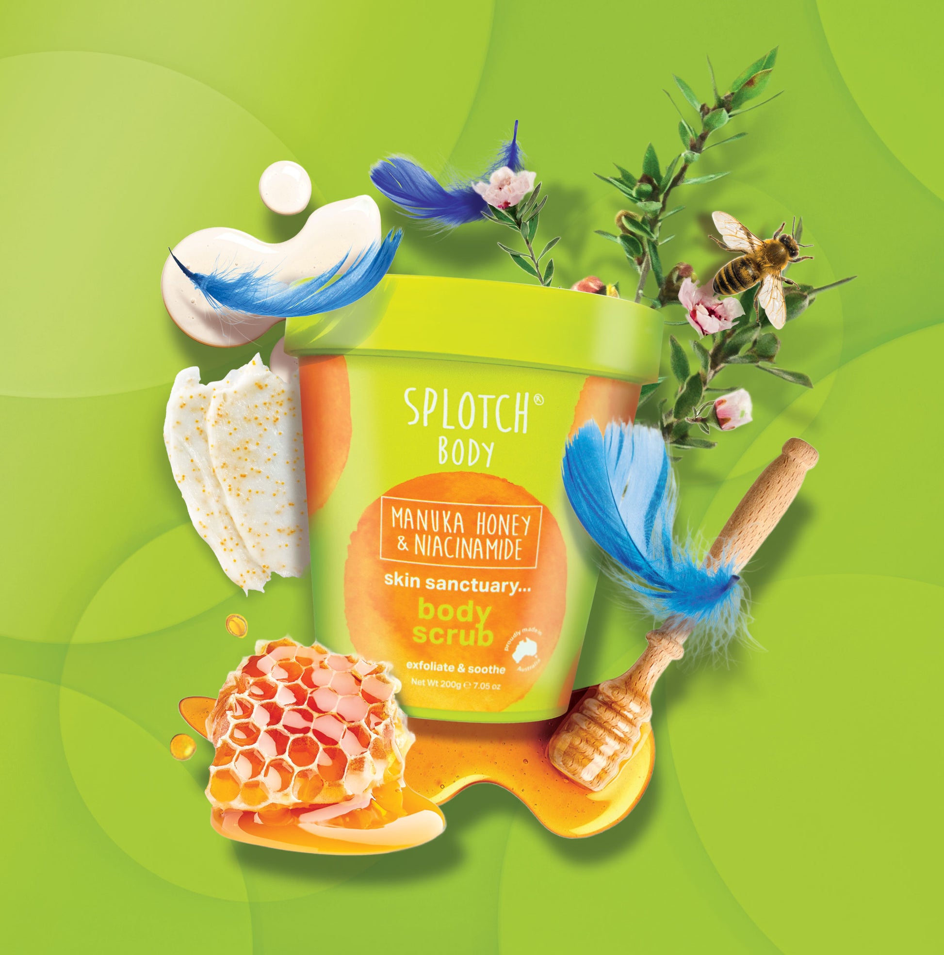 Splotch Body scrub container with natural elements on a green background