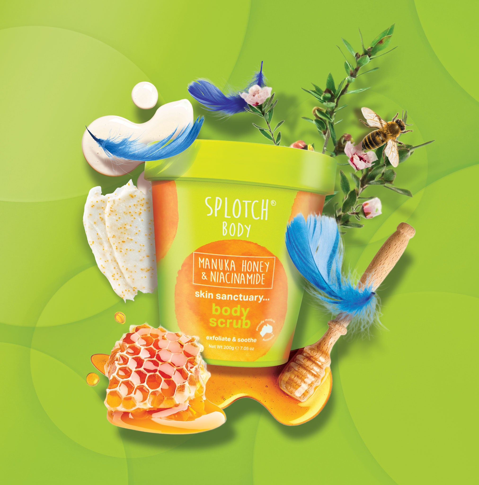 Splotch Body scrub container with natural elements on a green background