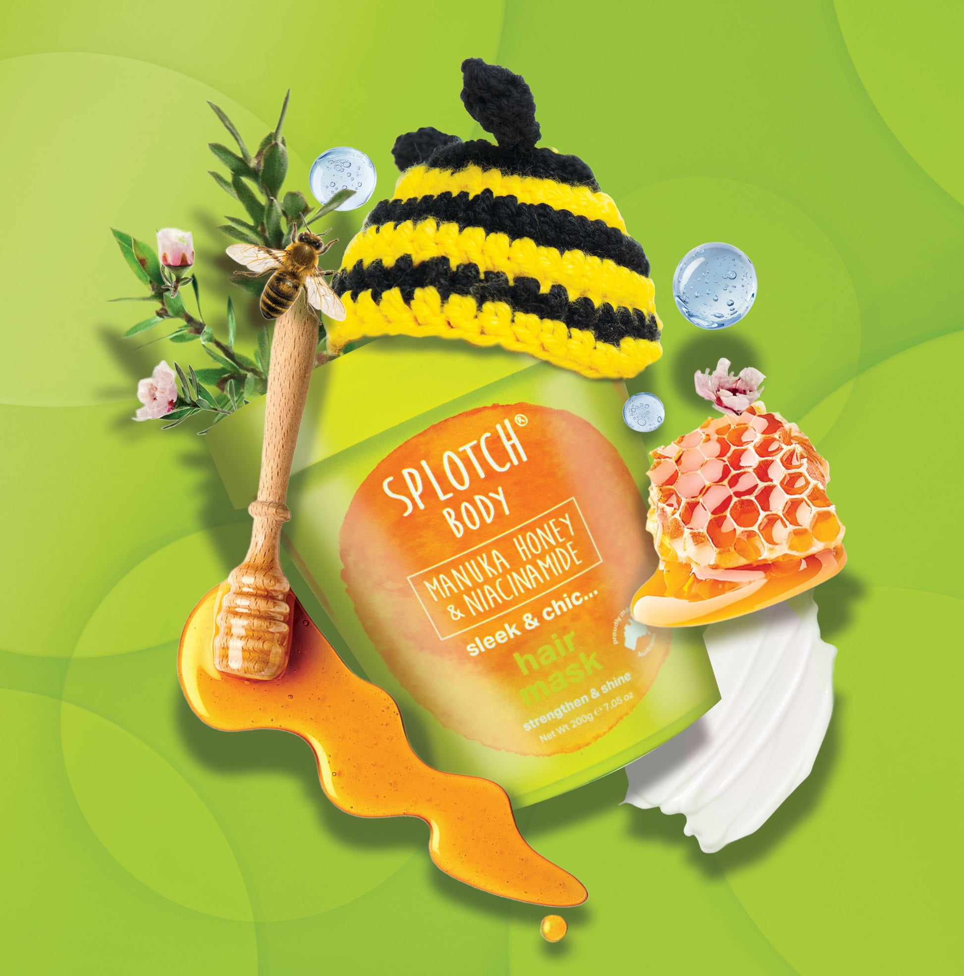 Splotch Body product with honeycomb, bee, and honey dipper on a green background