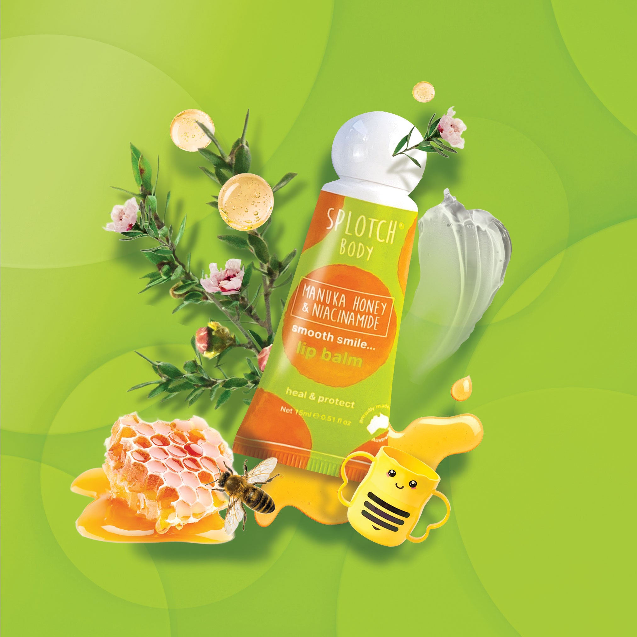 Splotch Manuka Honey & Nacalimau lip balm on a green background with honeycomb and bee graphics.