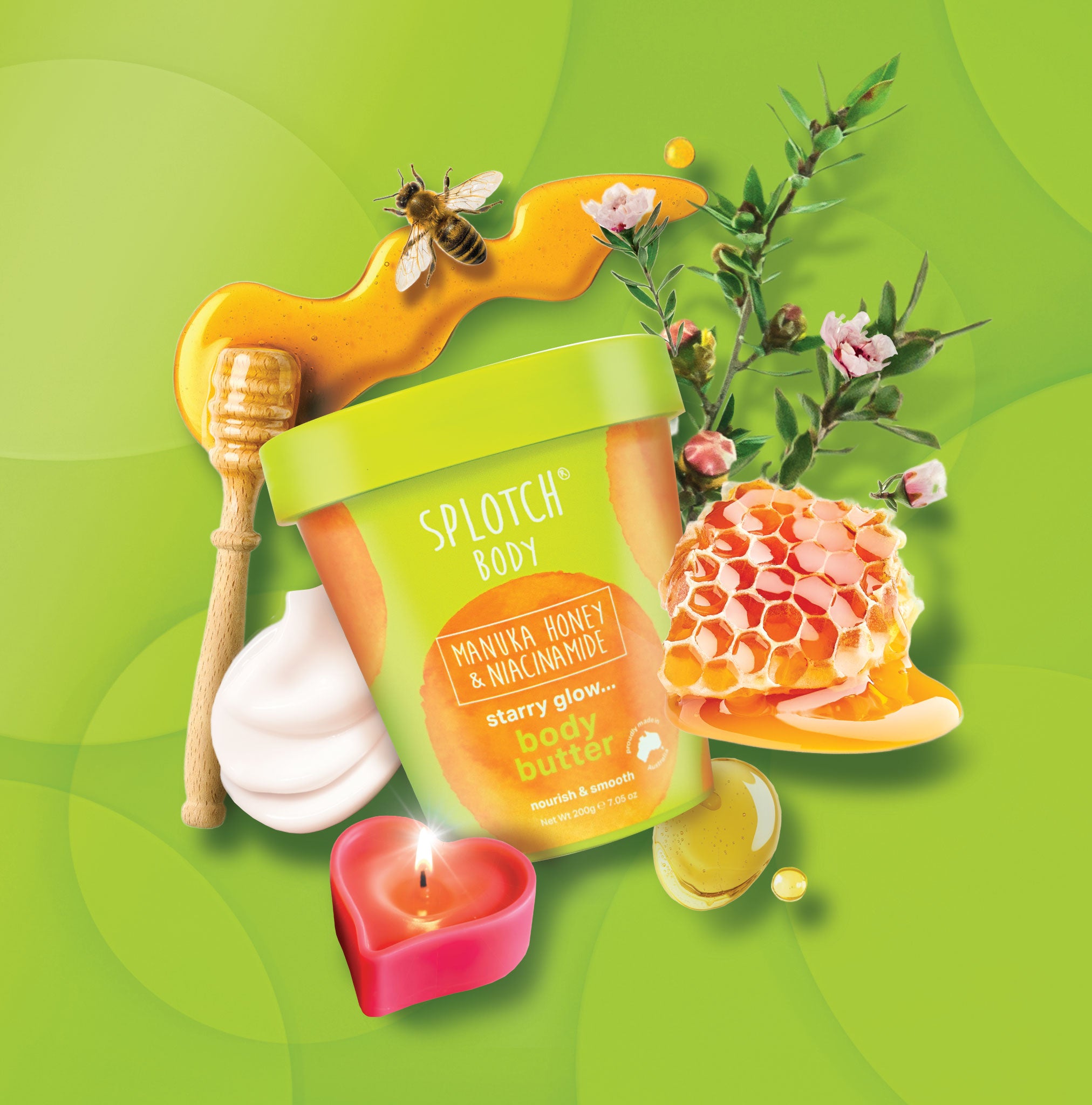 Splotch Body Manuka Honey & Mucinamide body butter with honeycomb, flowers, and a candle on a green background
