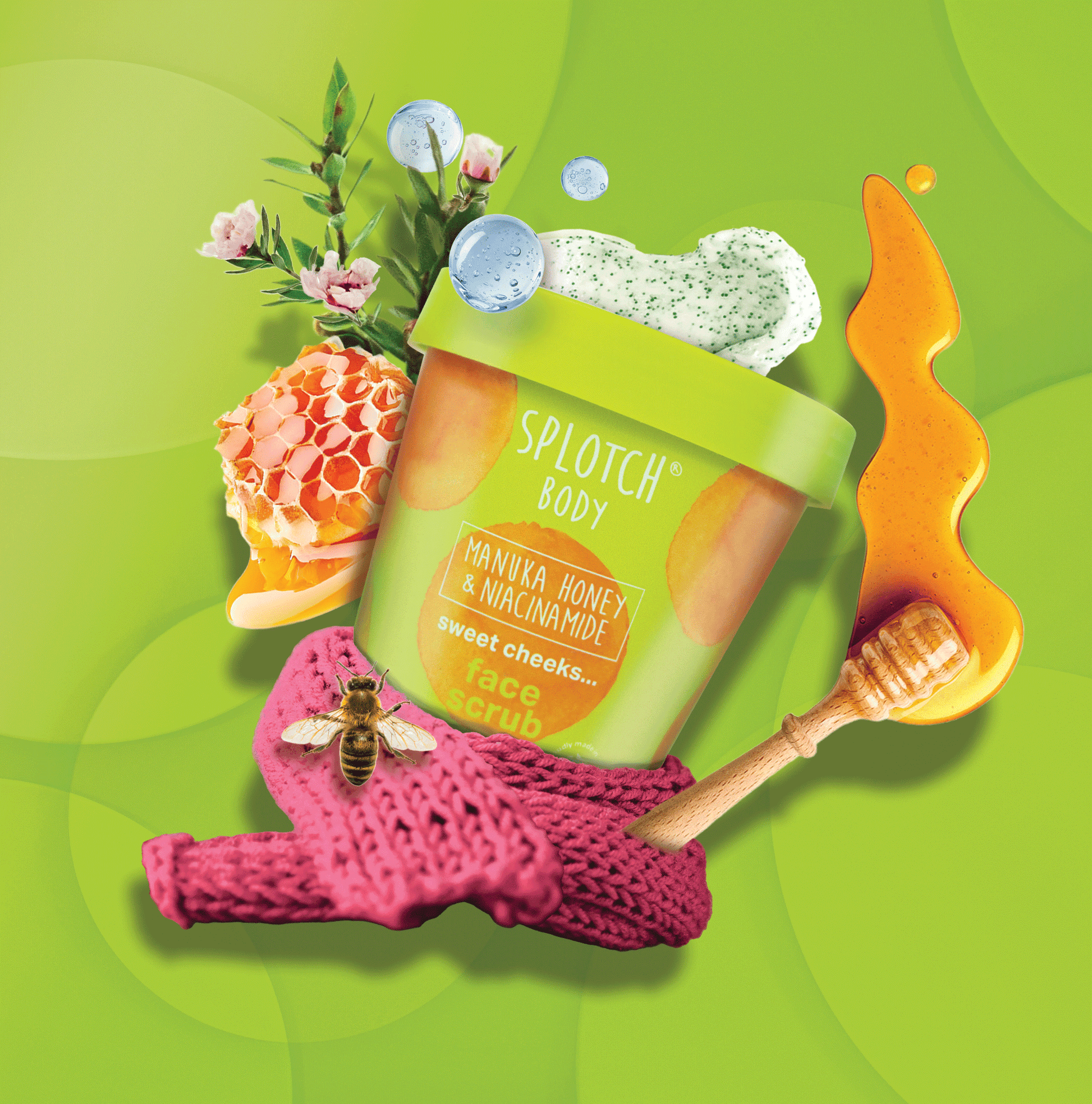 A marketing product shot for SPLOTCH BODY Manuka Honey & Niacinamide Face Scrub, featuring a lime green tub with orange watercolor accents.