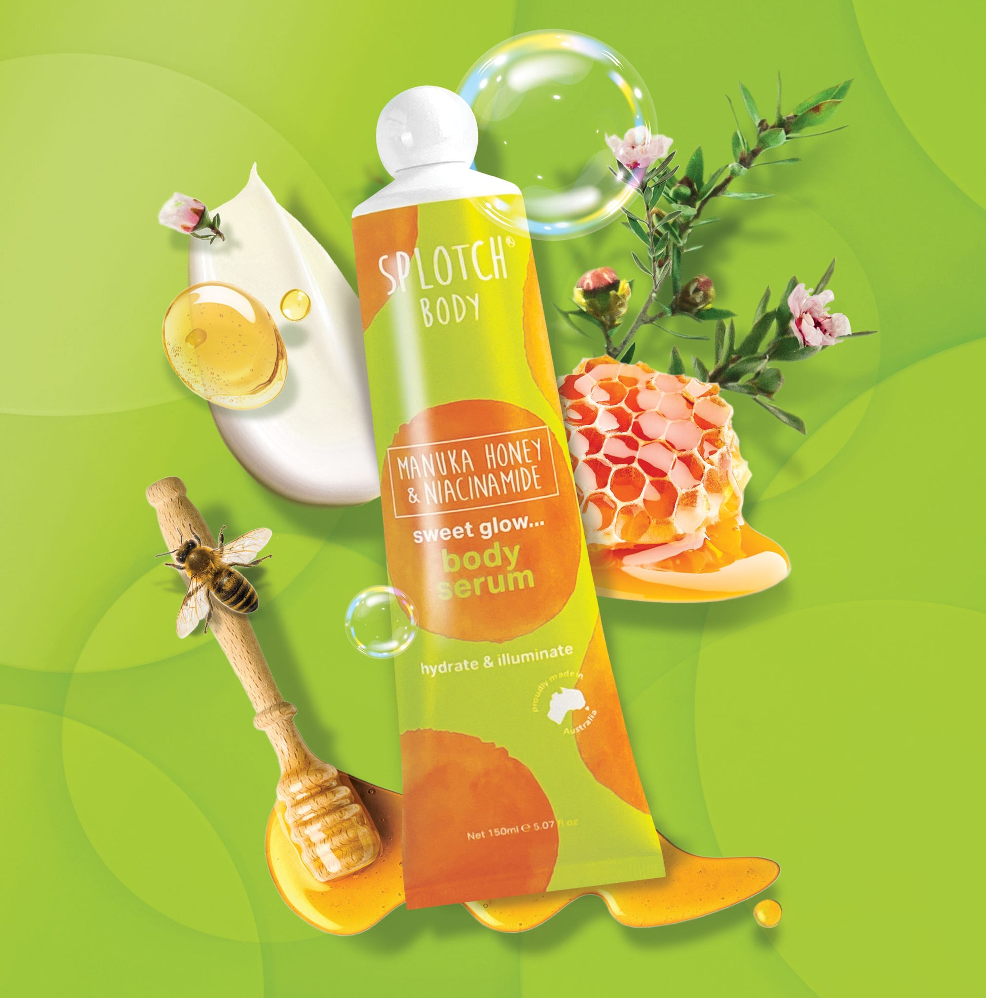 A vibrant marketing image featuring a 150ml tube of Splotch Body "Sweet Glow" Serum. The tube is lime green with orange watercolor circles and white text. Surrounding the tube are illustrative elements: a honey dipper dripping with golden honey, a honeycomb, a honeybee, small pink flowers, and a dollop of white cream. The background is a bright, swirling green with floating bubbles.
