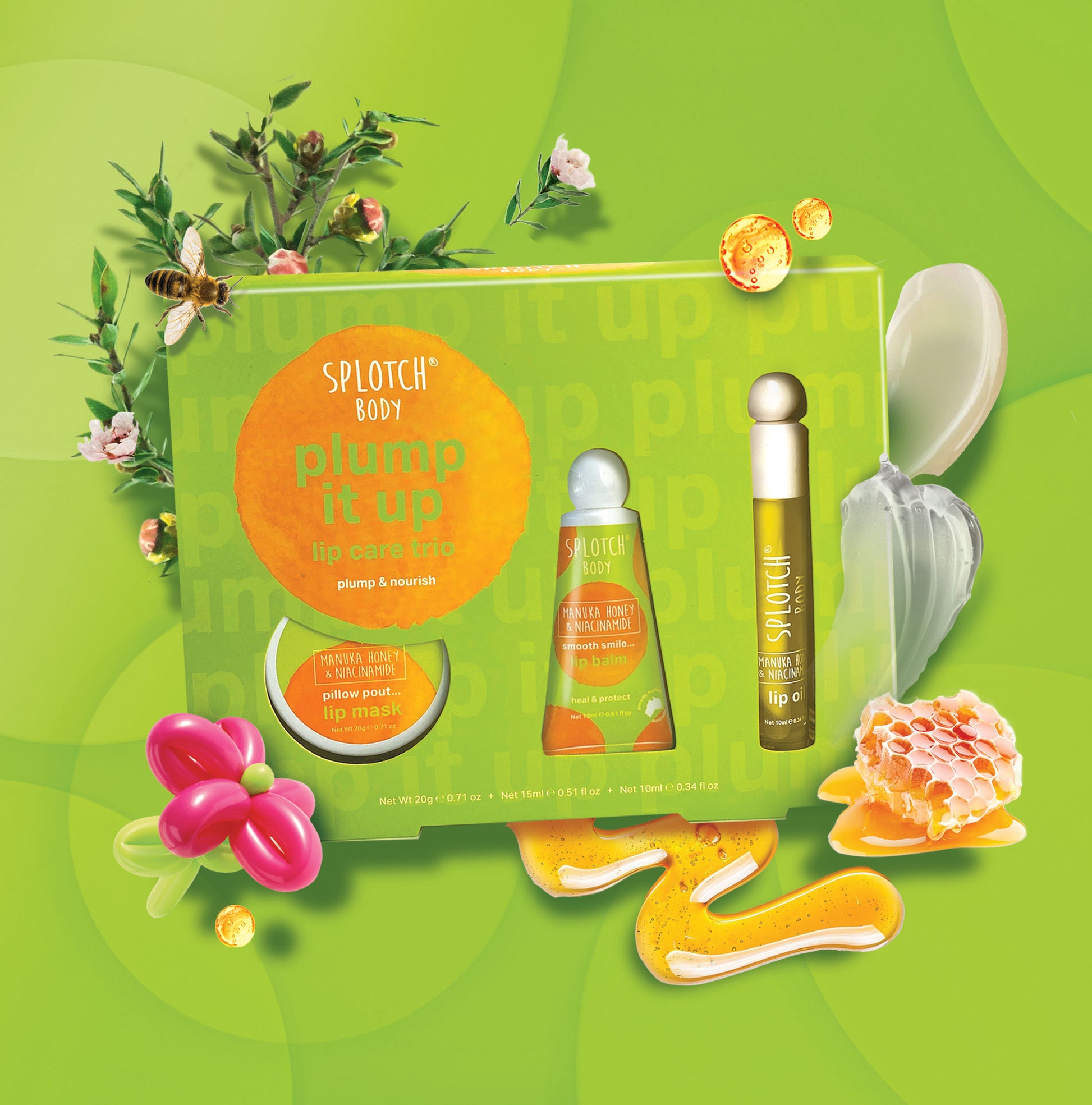 A promotional graphic for the Splotch Body "Plump It Up" lip care trio featuring an open lime-green gift box containing a lip mask, lip balm, and lip oil. The "plump & nourish" kit is surrounded by whimsical floating elements including a pink balloon dog, honeybee, Manuka flowers, and a dripping honeycomb.