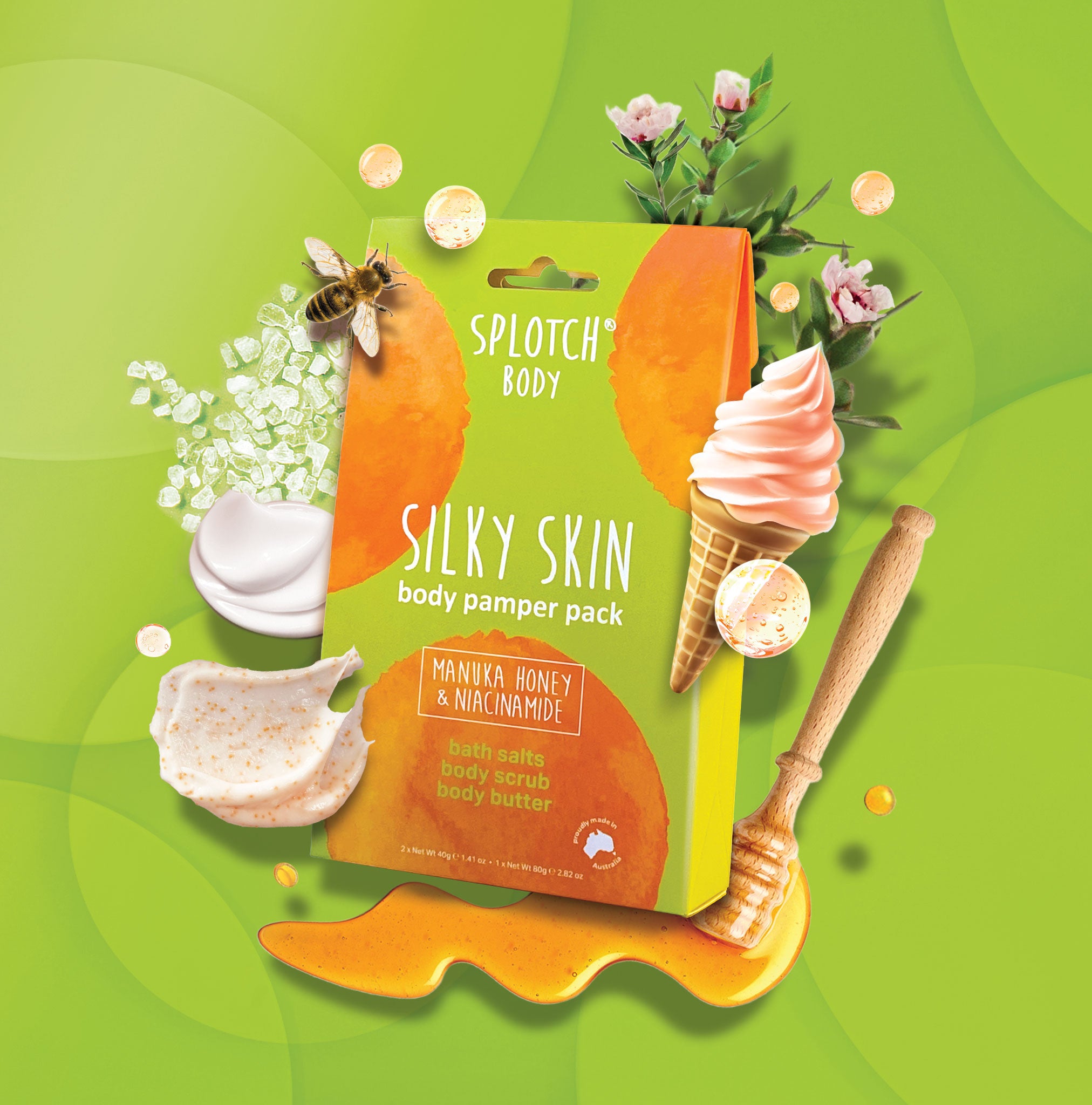 A gift box featuring bath salts, body scrub, and body butter titled "Silky Skin".