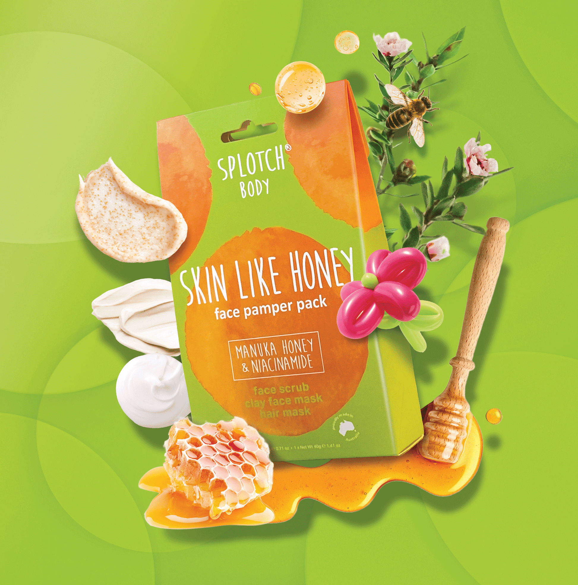 A promotional graphic for the "SKIN LIKE HONEY" pack. Callouts highlight kaolin clay to clear and calm skin and almond oil for softness.