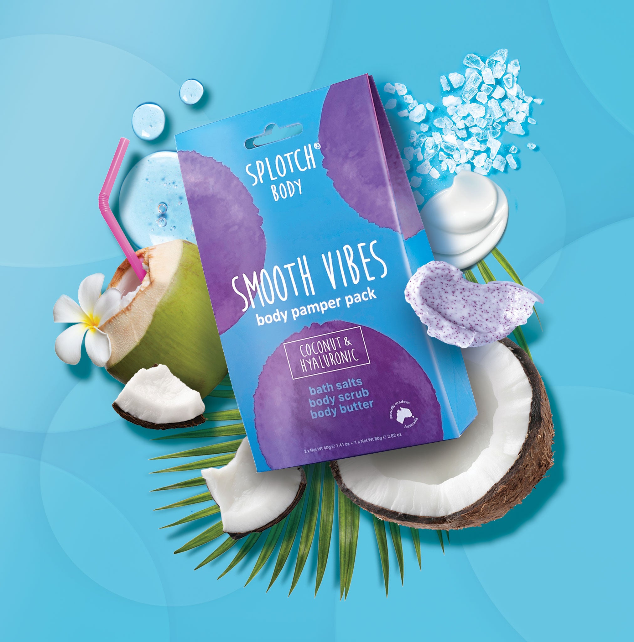 Splotch Body Smooth Vibes body pamper pack with coconuts and flowers on a blue background