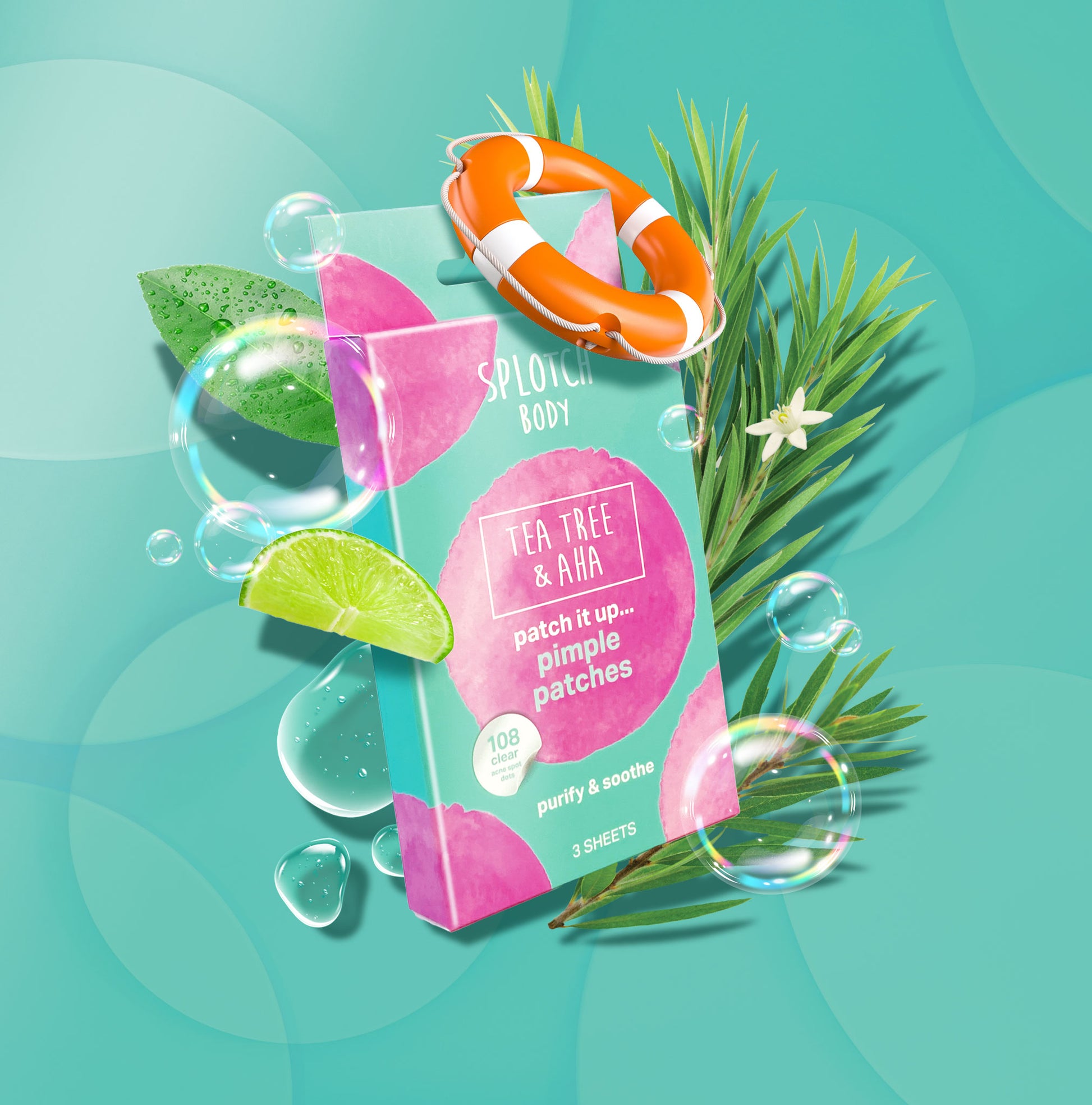 Tea tree and aha pimple patches packaging with tropical elements on a teal background